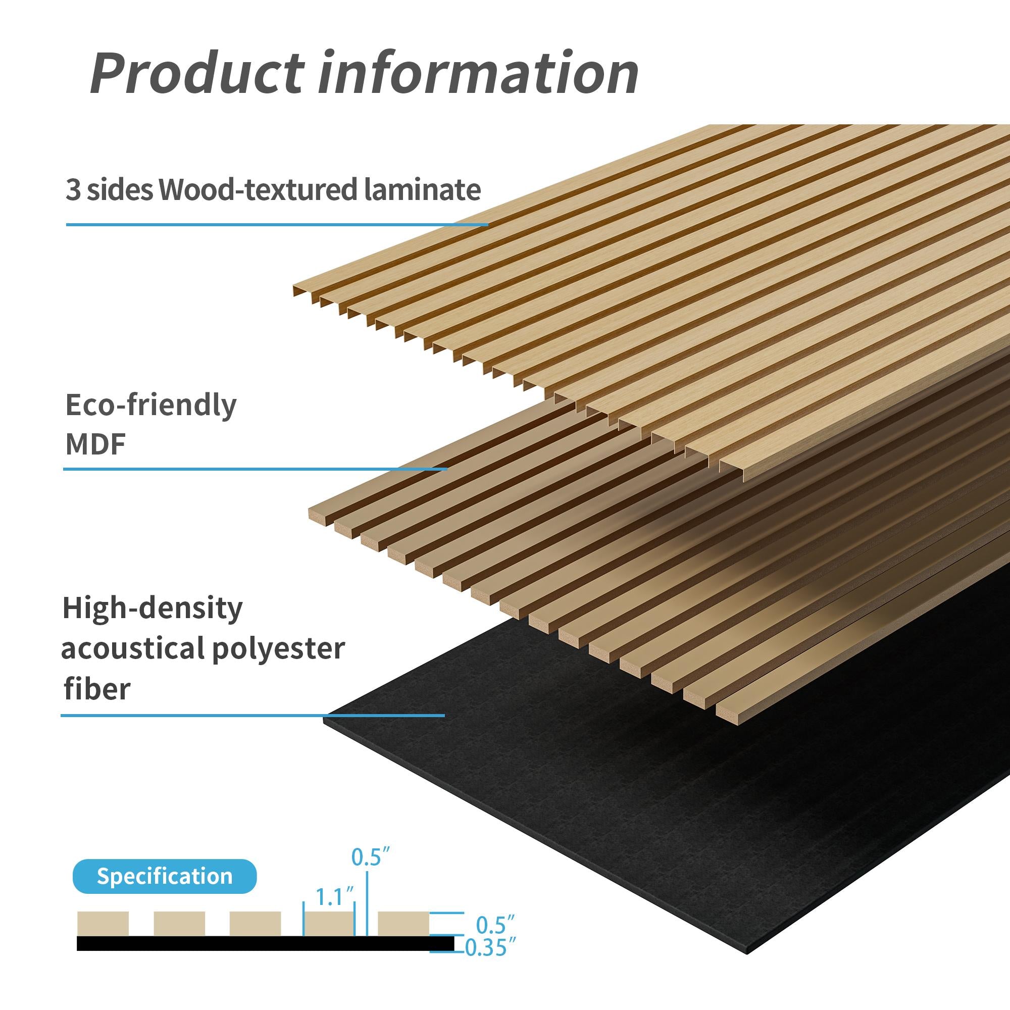 2-Pack 3D Wood Slat Acoustic Wall Panels with Three-Side Wrapped Edges, Fluted Cladding for Wall or Ceiling, 45.5" L x 23.5" W x 1" H, White+Oak