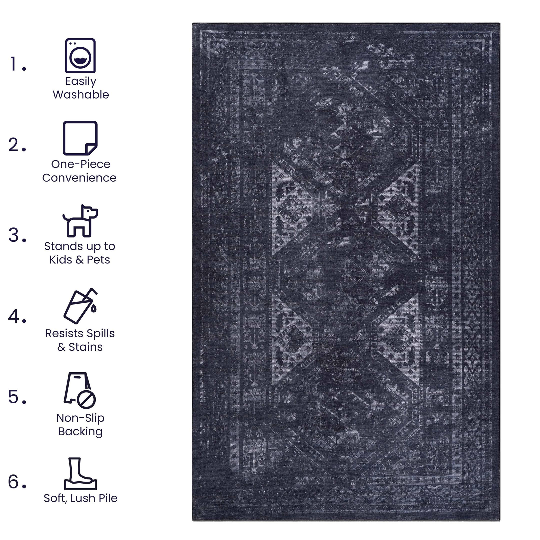 2x3 Low-Pile Non-Slip Non-Shedding Machine Washable Area Rug, Kid and Pet Friendly, Foldable Doormat for Bathroom, Kitchen, Black+Gray