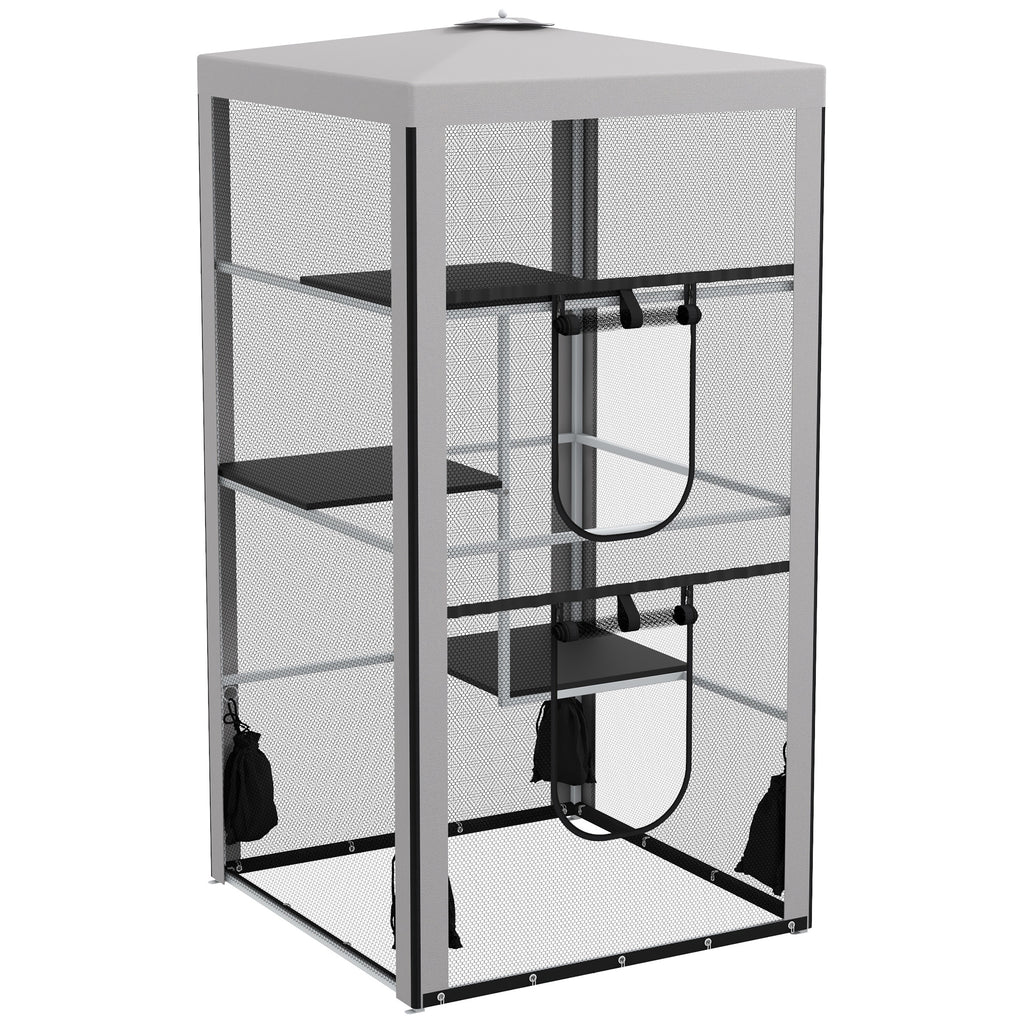 79"H Cat House Kitten Enclosure Mesh Playpen Steel Frame with 3 Platforms, 2 Doors and 4 Sandbags for Stability, Indoor/Outdoor