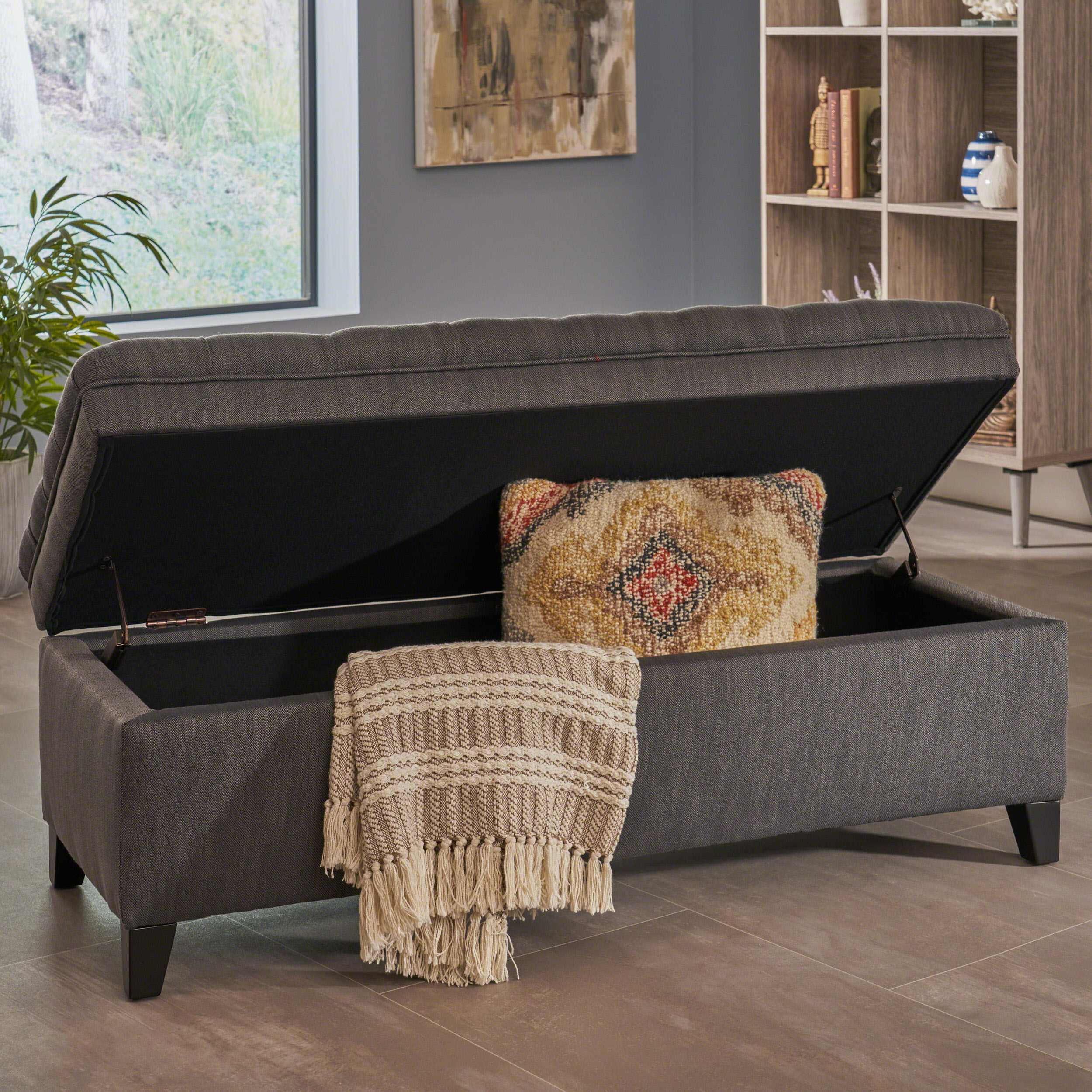 Storage Ottoman with Birch Legs, Hand-Tufted Fabric, 50" L x 20.5" W x 18.25" H, Spot Clean, Gray