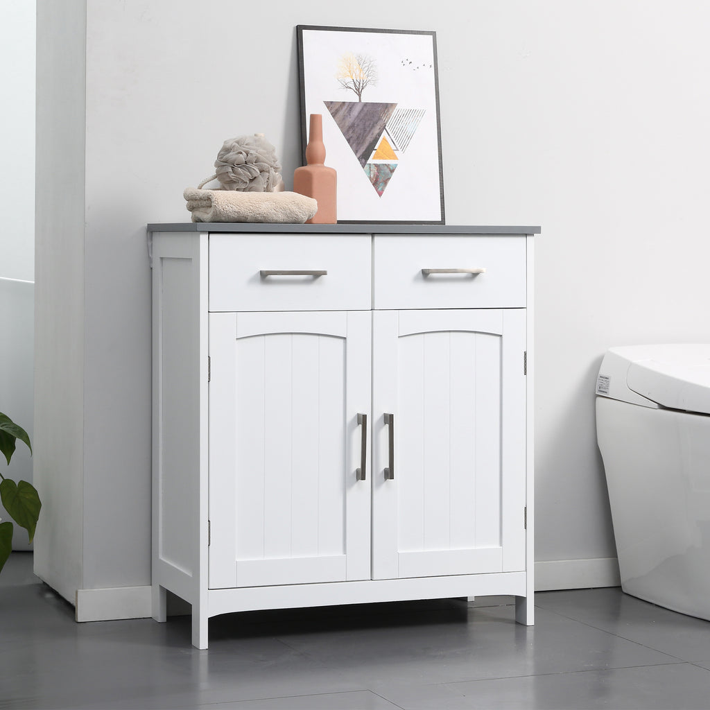 Bathroom Floor Cabinet, Freestanding Linen Cabinet, Storage Cabinet with 2 Drawers, Double Doors, Adjustable Shelf, White