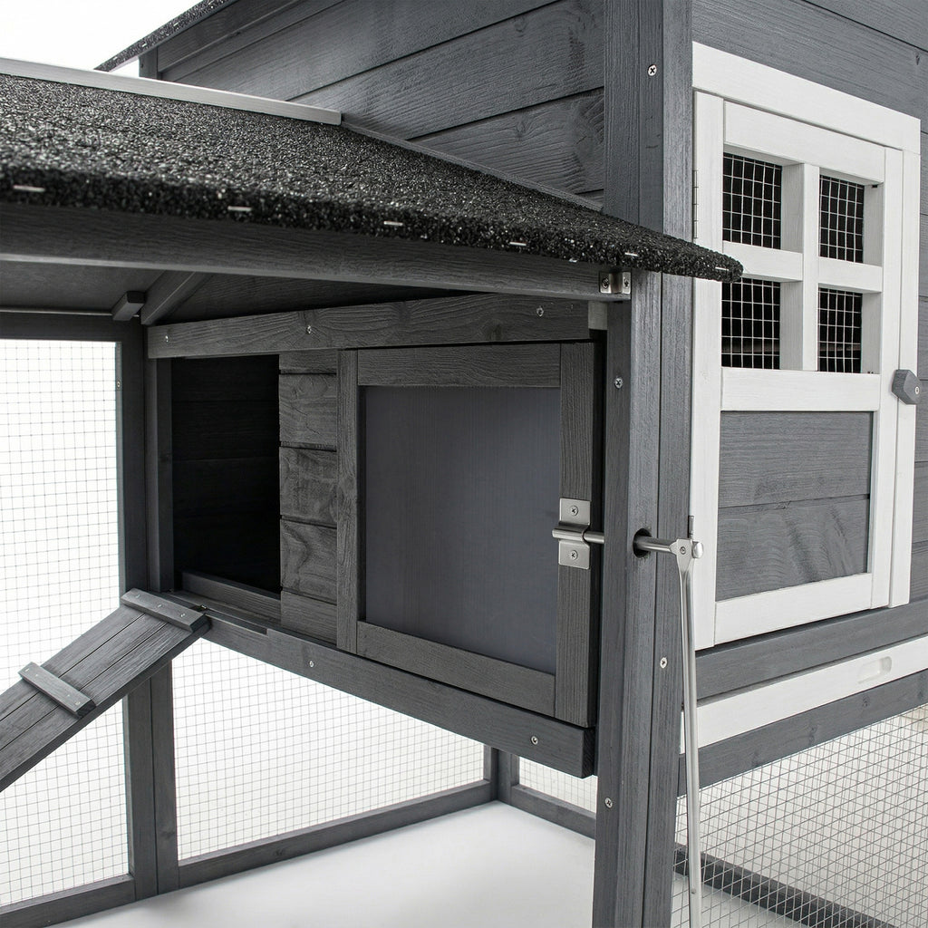 84" Wooden Chicken Coop, Hen House Outdoor with Run Nesting Box, Asphalt Roof, Removable Tray, Ramp, Poultry Cage for 2-3 Chickens, Gray