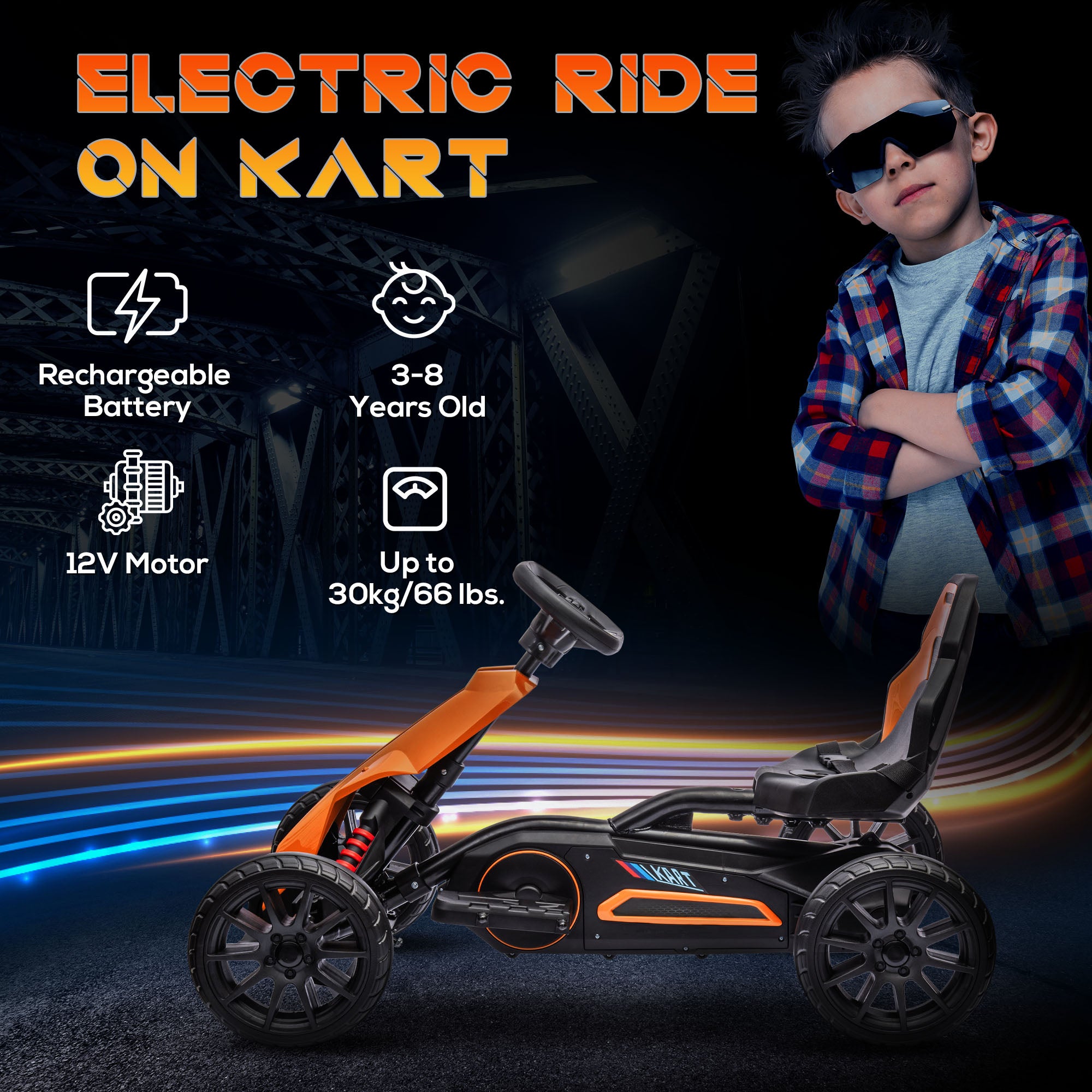 12V Electric Go Kart for Kids, Ride On Toy with EVA Tires, 2 Speeds, Adjustable Seat, Safety Belt for 3-8 Years, Orange