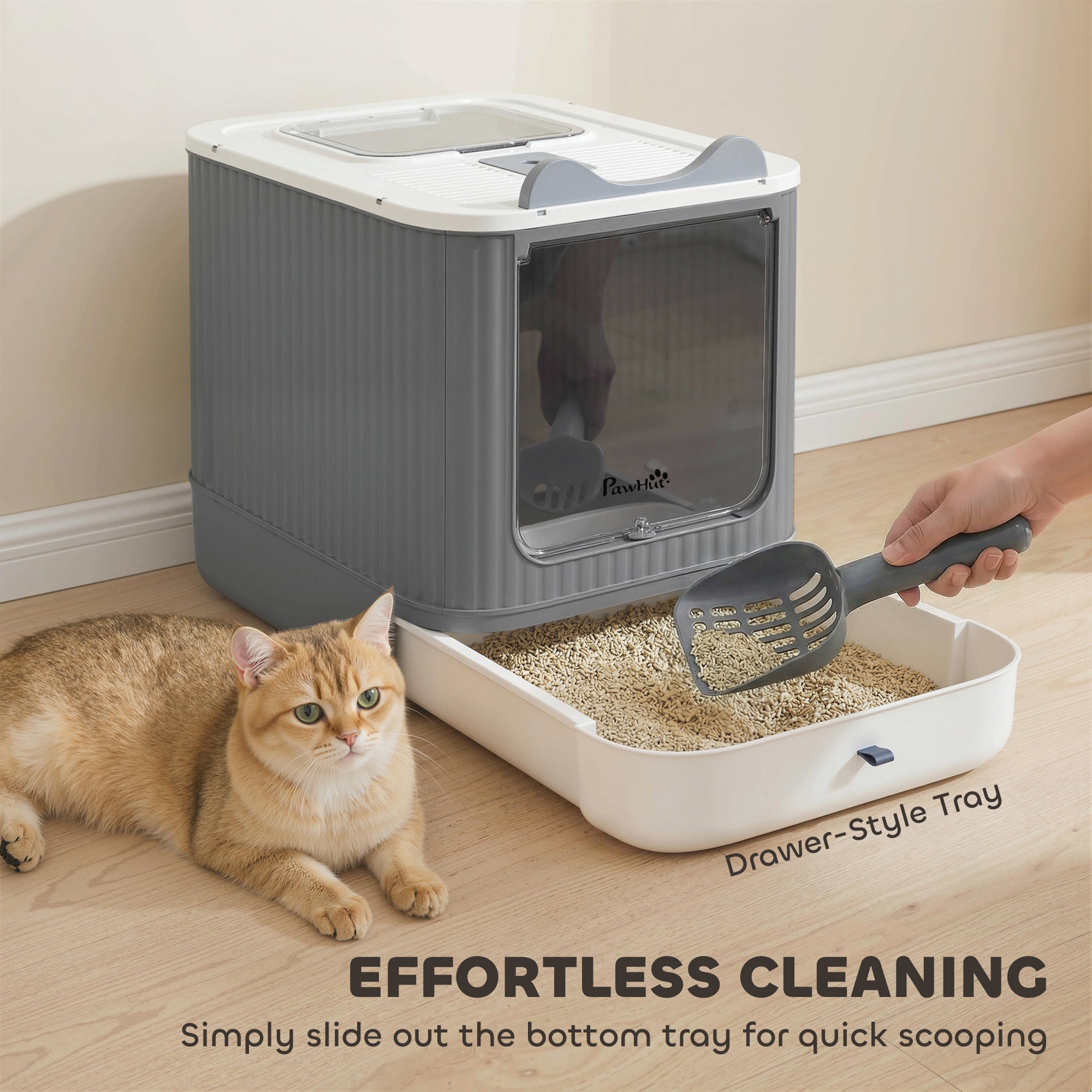 Cat Litter Box with Lid, Enclosed Litter Box for Medium Cats, Front-Entry and Top-Exit, Scoop, Deodorizer Bag, White