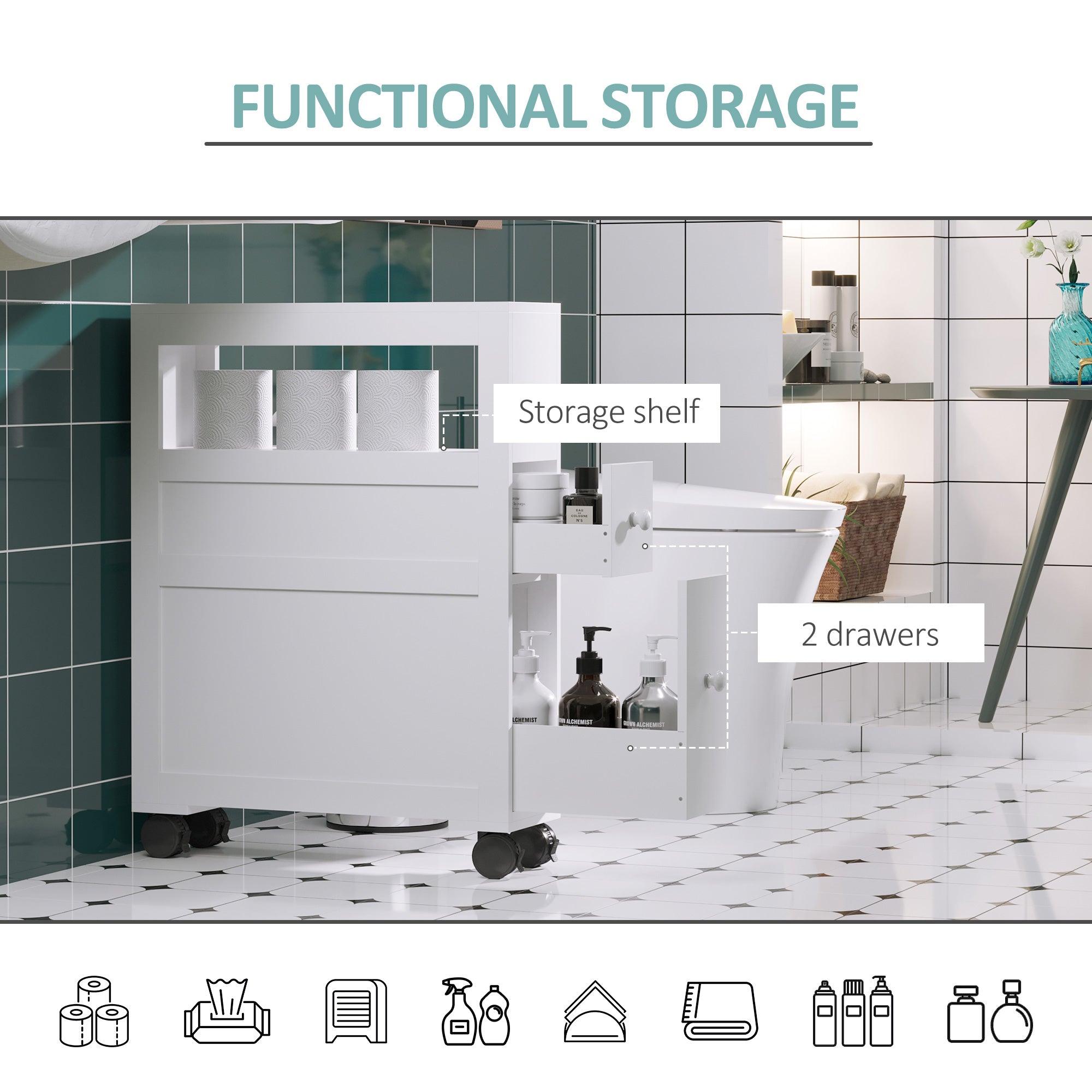 6.25" x 20.5" x 28.25" Wood Rolling Narrow Bathroom Side Storage Cabinet - White