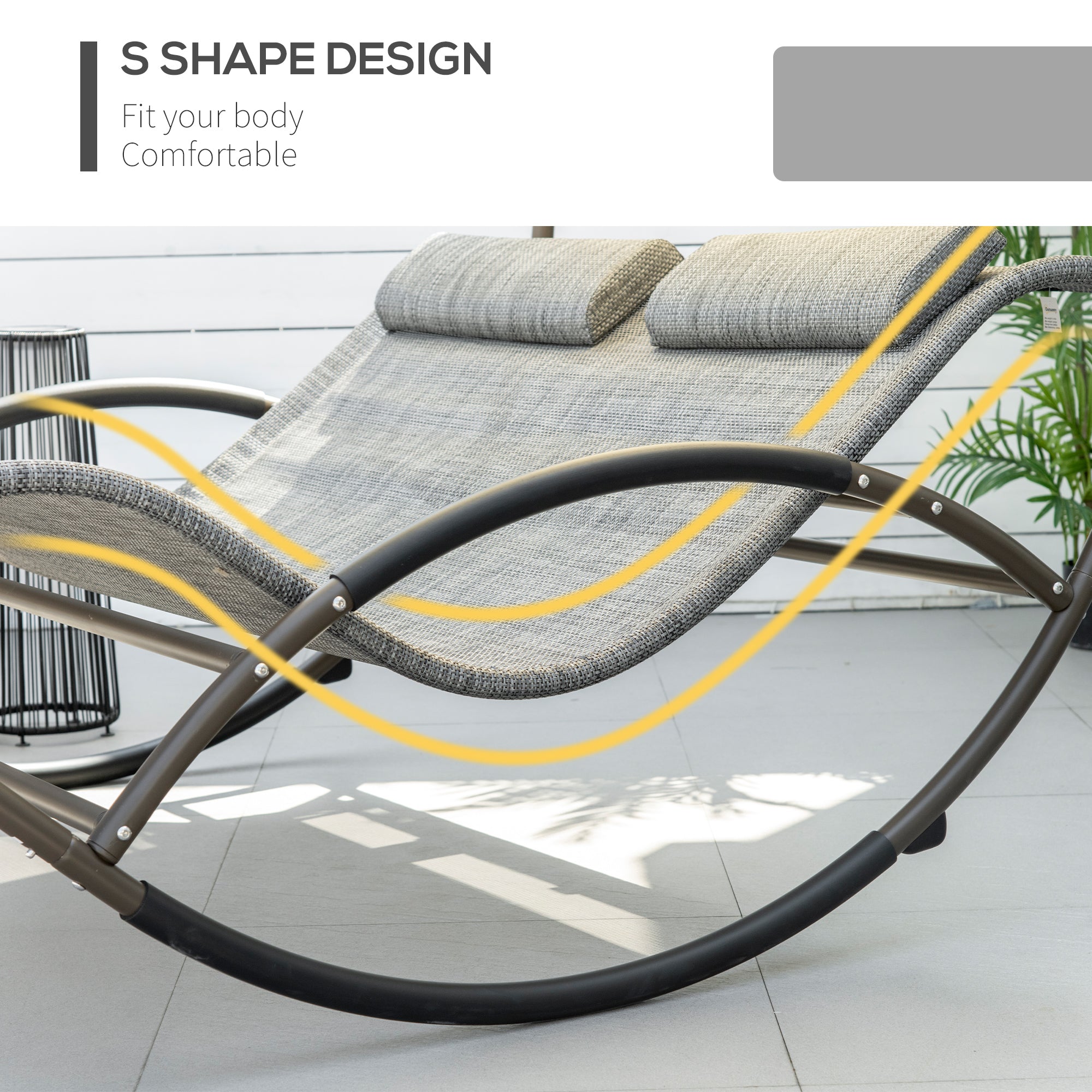 Outdoor Double Chaise Rocking Chair, Day Bed Sun Lounger with Canopy Shade, Headrest Pillow, Armrests for Garden, Poolside, Light Gray