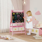 Art Easel for Kids, Double-Sided Whiteboard & Chalkboard with Paper Roll, Storage Baskets for Toddlers Ages 3-8, Pink