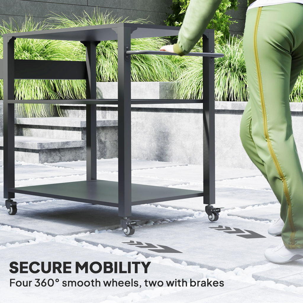 3-Tier Outdoor Grill Cart with Storage Racks, Side Handle, Movable Pizza Oven Table on Wheels