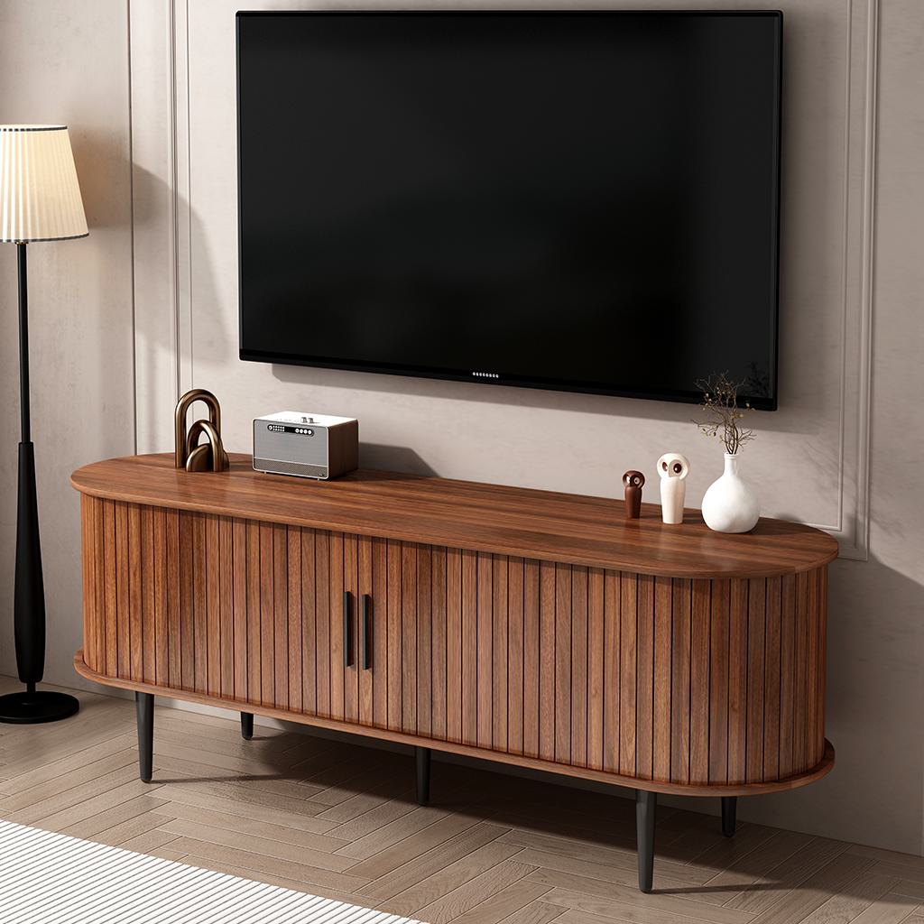55" Modern TV Stand with Storage Compartment and Sliding Door, Gaming Entertainment Center with Cabinet, 55" L x 16" W x 21.5" H, Walnut