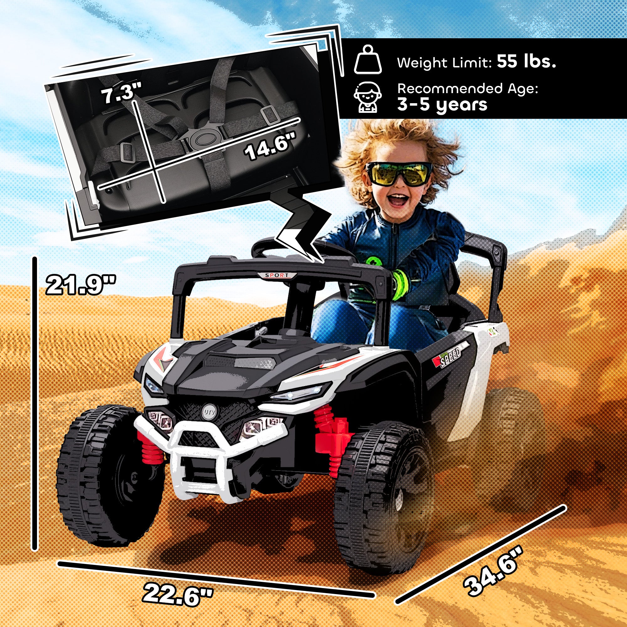 12V Kids Ride On Truck, Battery Powered Electric UTV Vehicle with Rear Suspension, Remote Control for 3-5 Years, White