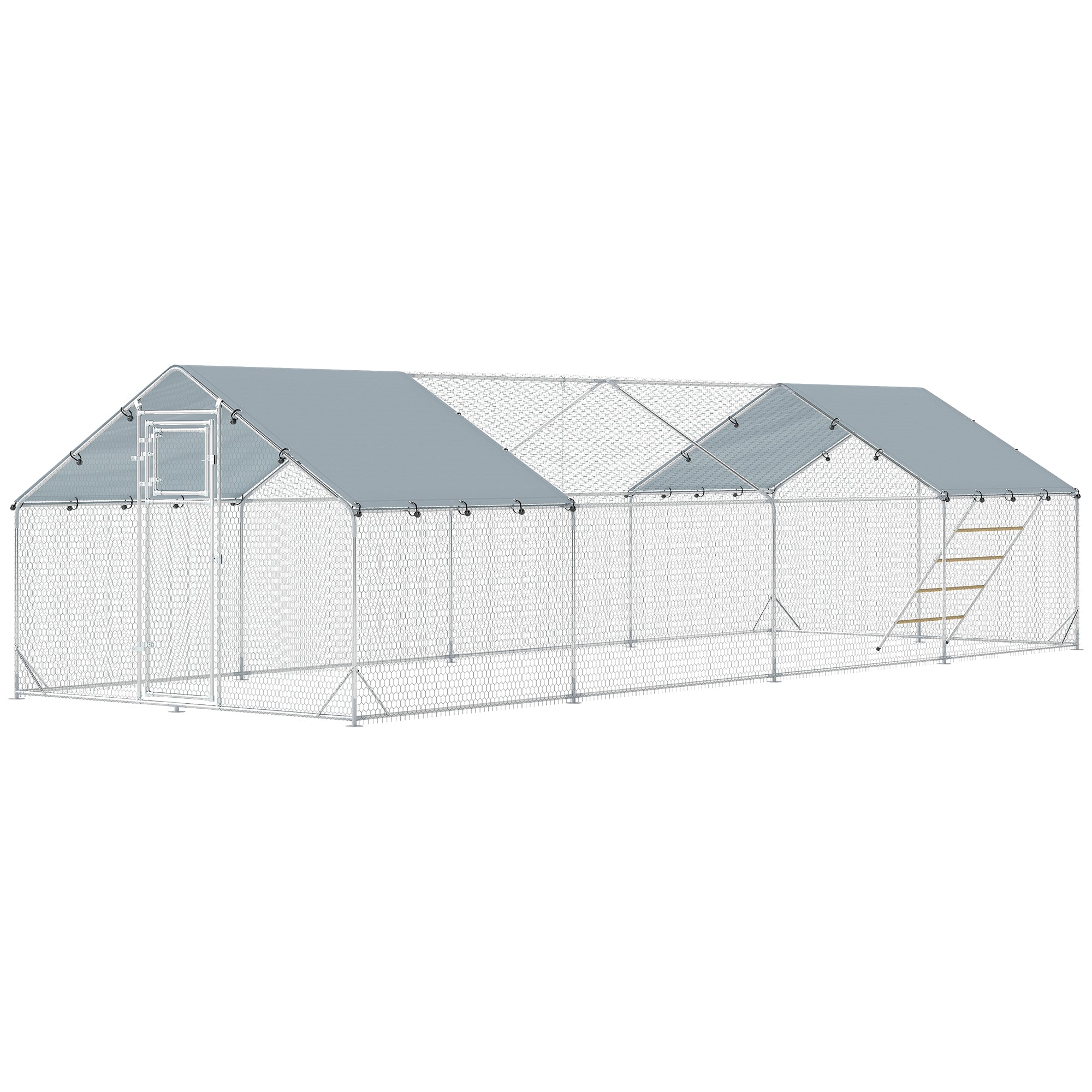 Metal Chicken Coop, 26' x 10' x 6.4' Large Chicken Run with Feeding Door, Waterproof Cover, Hanging Feeder, Perch