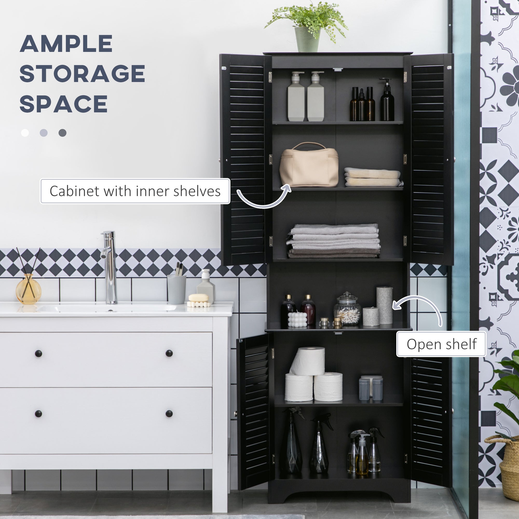 Tall Narrow Bathroom Storage Cabinet with Doors and Shelf Adjustability, Freestanding Linen Cabinet with 2 Cabinets and Countertop, Black