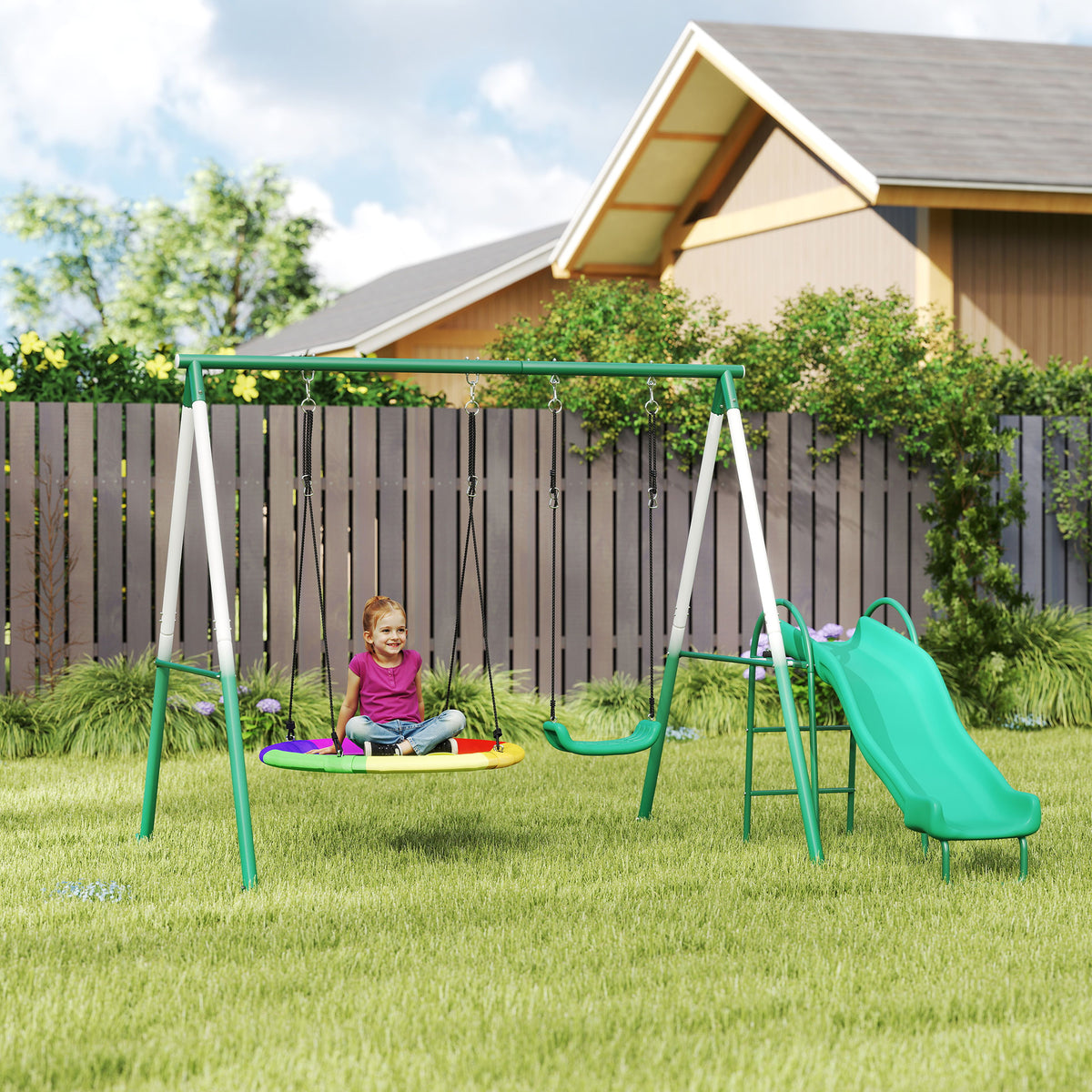 Metal Swing Set with Slide, Saucer Swing Seat, Heavy Duty A-Frame Stand and Adjustable Rope for Backyard, Dark Green