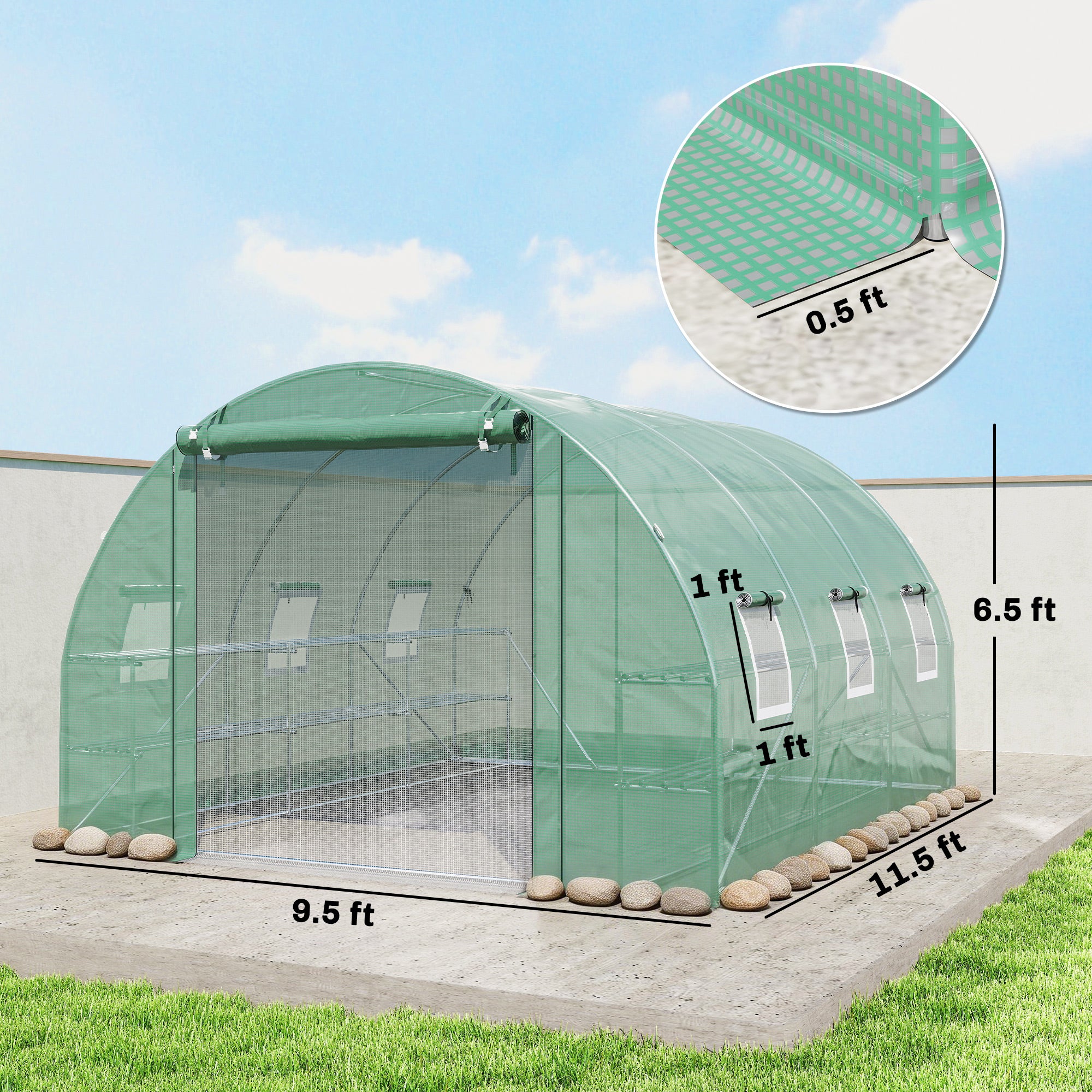 10'x11'x6' Walk-in Tunnel Greenhouse with Shelves, Mesh Door and Windows, Hoop House Greenhouse with PE Cover, Green