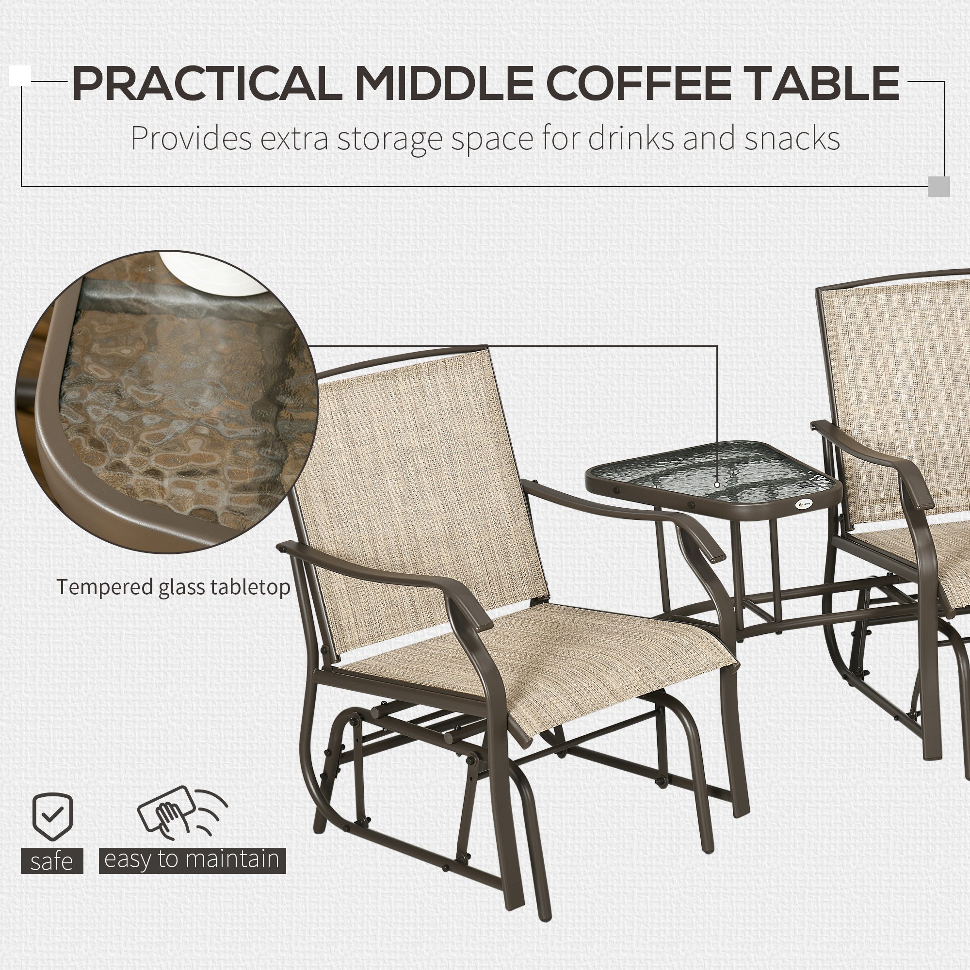 Outdoor Glider Chairs with Coffee Table, Patio 2-Seat Rocking Chair Swing Loveseat with Breathable Sling for Backyard, Garden, and Porch, Light Brown