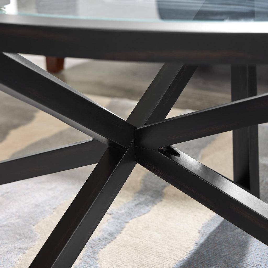 Modern Glass Coffee Table with Solid Wood Tripod Base, Anti-Scratch Curved Edges, Oval Desk for Living Room, 46.5" L x 28.5" W x 18" H, Black