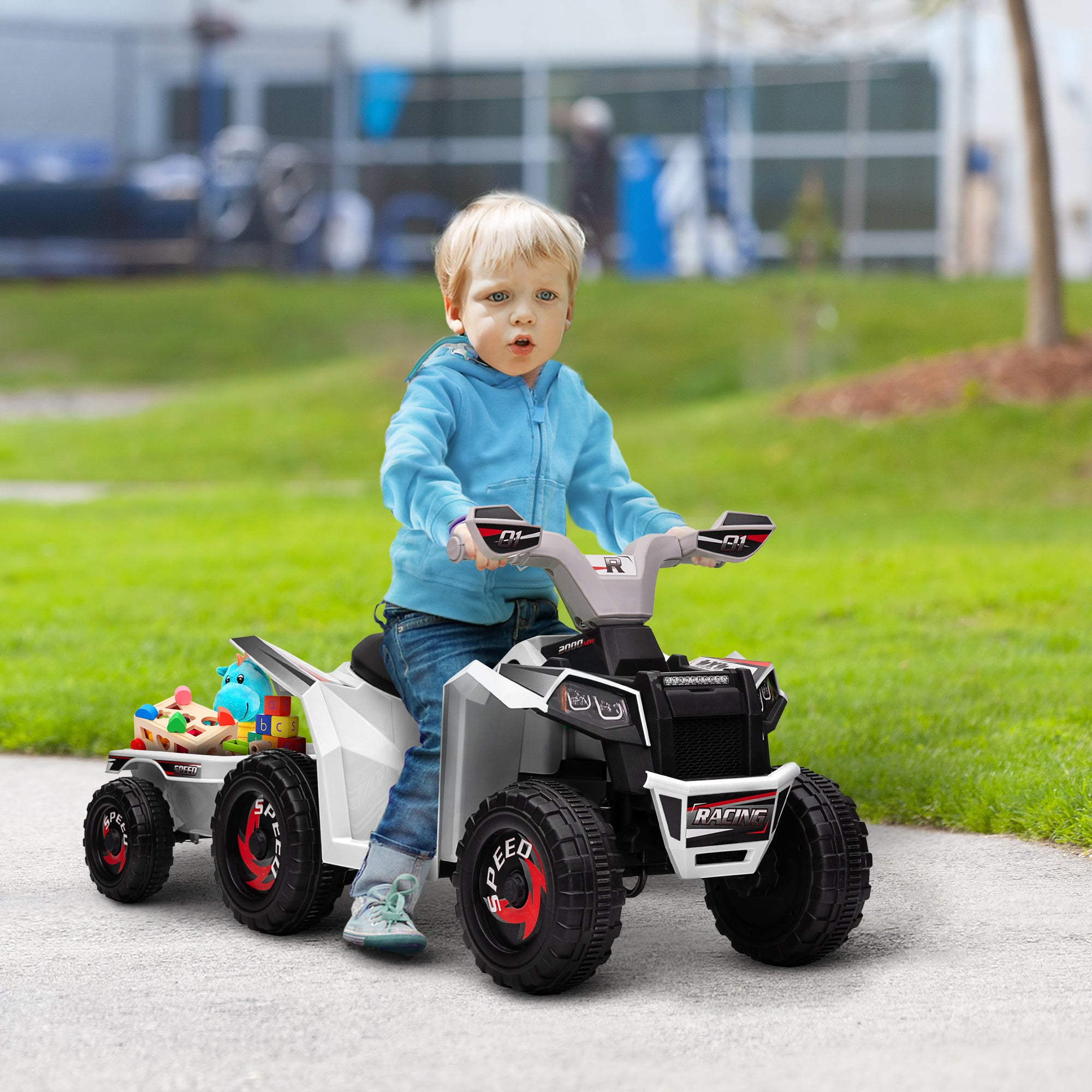 6V Electric Toy Car with Back Trailer, Forward Backward, Wear-Resistant Wheels for Ages 18-36 Months, White