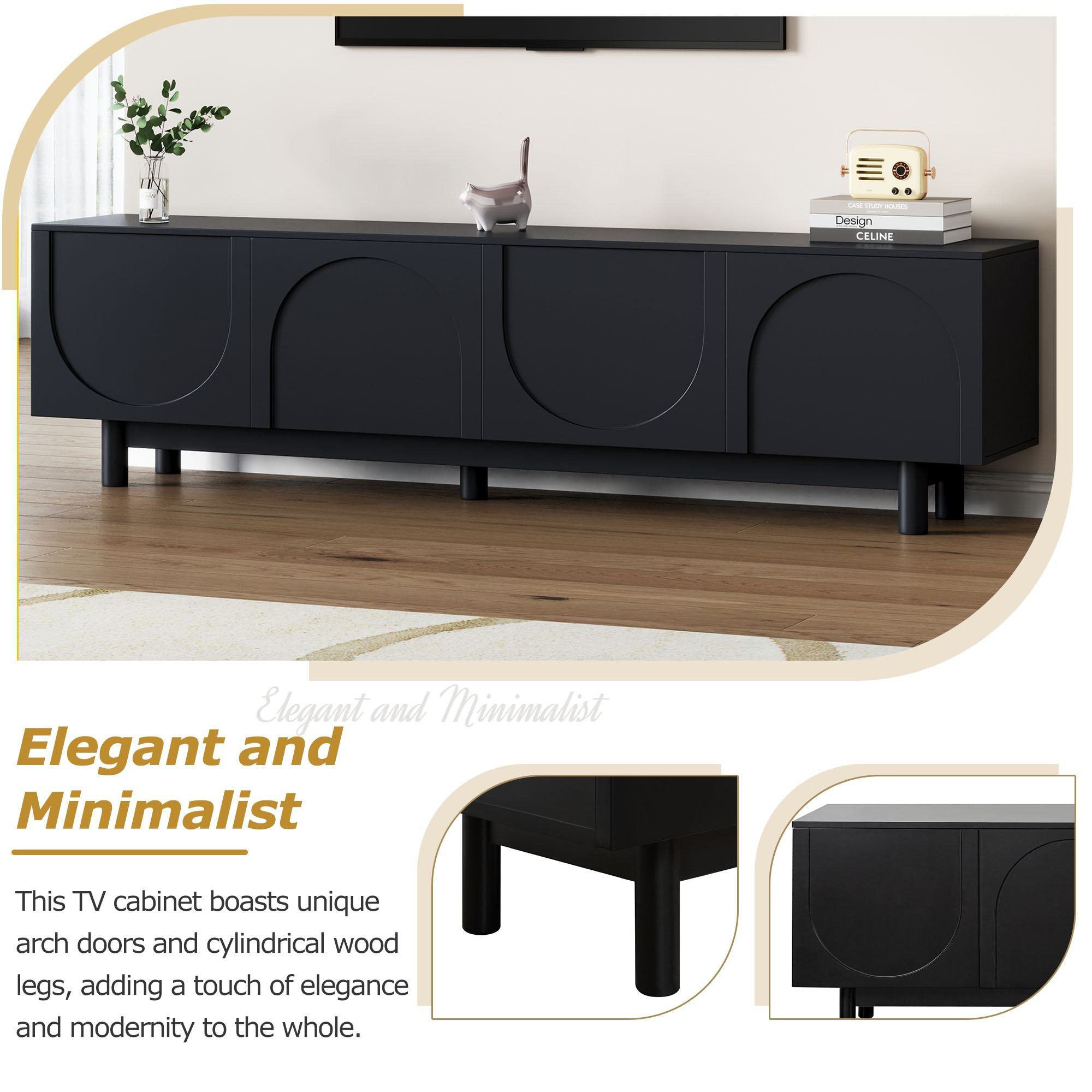Graceful TV Stand with Arch Cabinets for TVs Up to 78", Minimalist Entertainment Center with Solid Wood Legs and Adjustable Shelves, Black