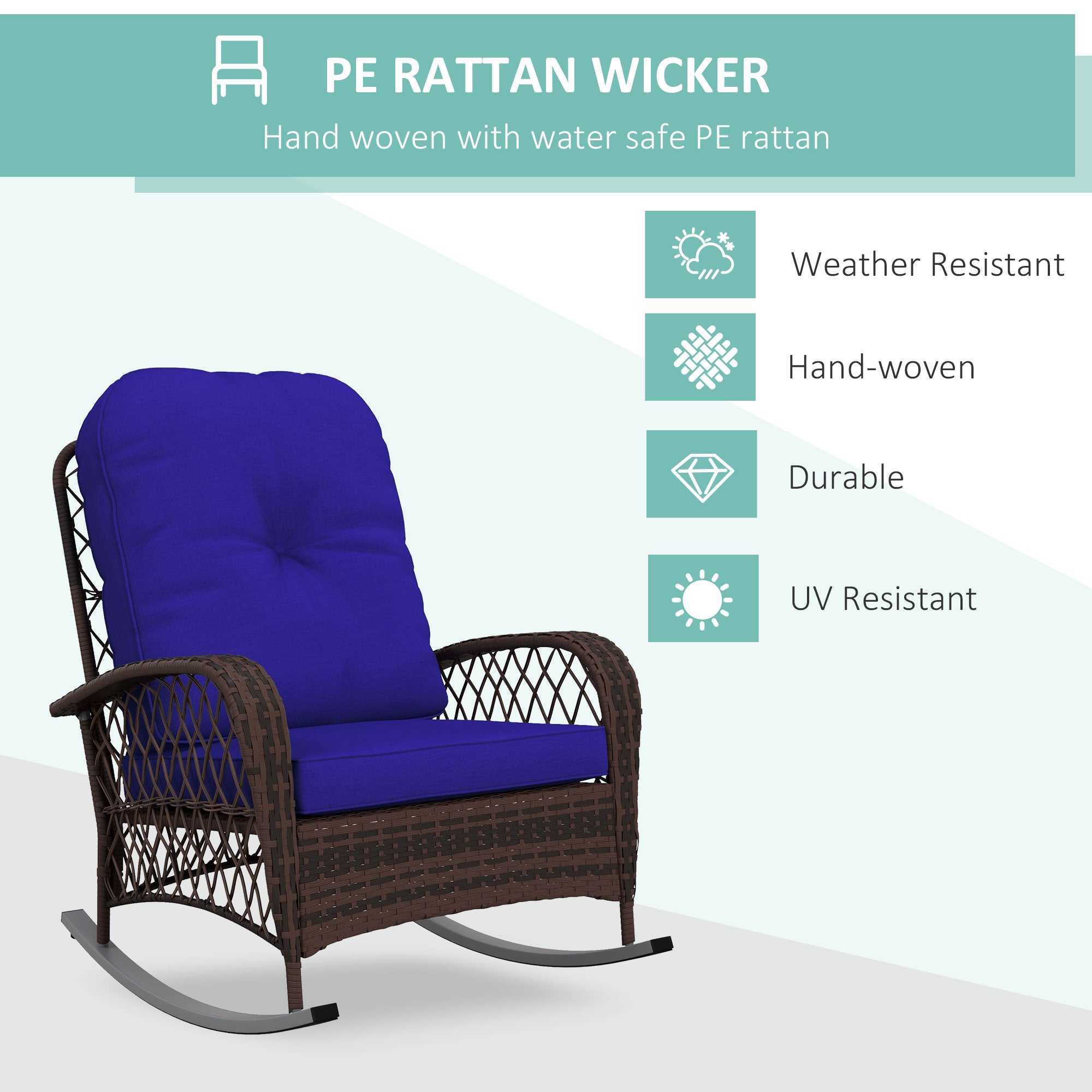 Rattan Porch Rocker w/ Plush Cushion, Dark Blue