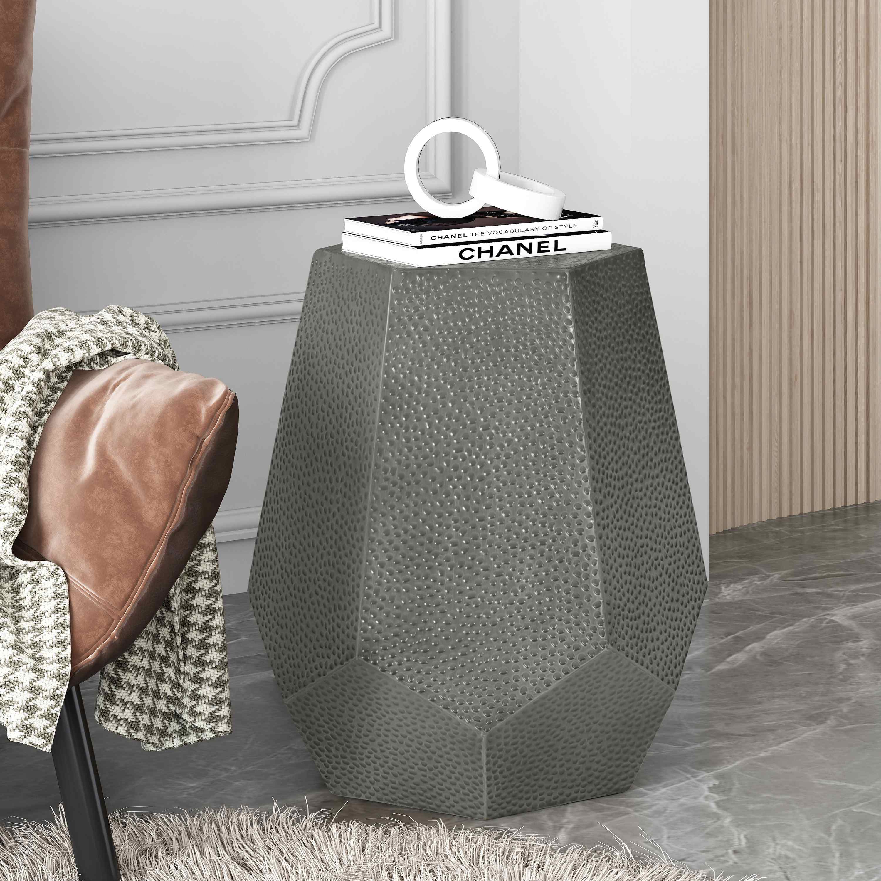 Modern Hammered Iron Geometric Side Table, No Assembly Required, 20.5" L x 19.5" W x 22.75" H, Antique Silver