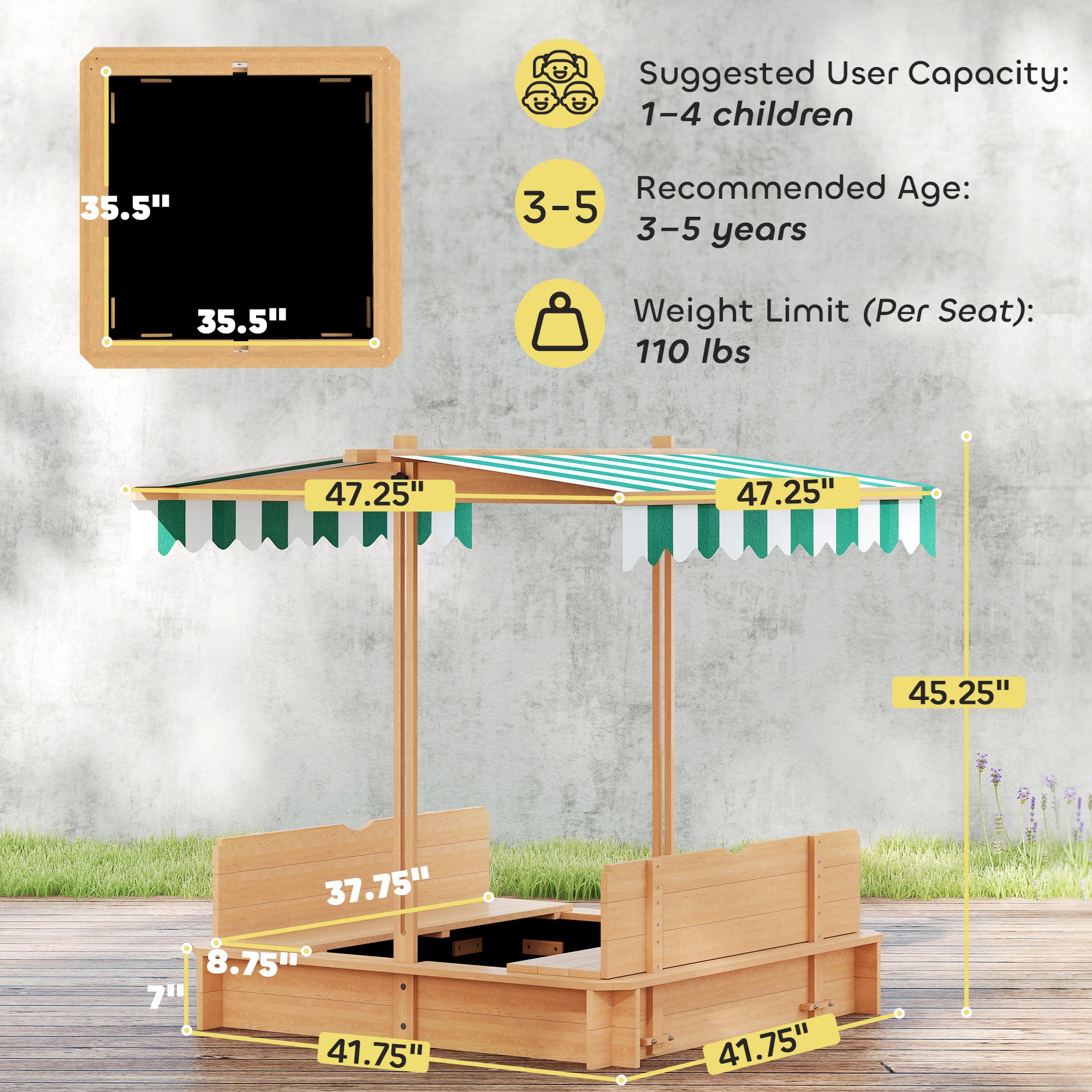 Wooden Kids Sandbox with Cover, Children Outdoor Sand Box with Foldable Bench Seats and Adjustable Canopy