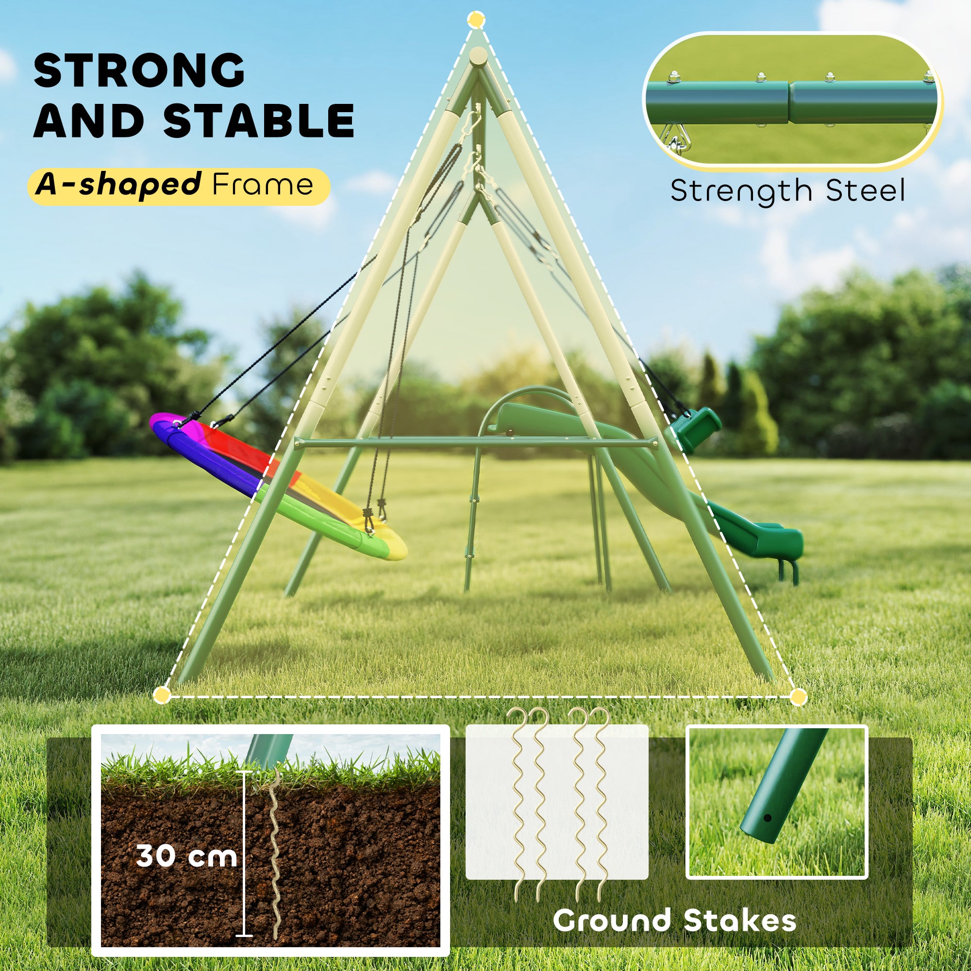Metal Swing Set with Slide, Saucer Swing Seat, Heavy Duty A-Frame Stand and Adjustable Rope for Backyard, Dark Green
