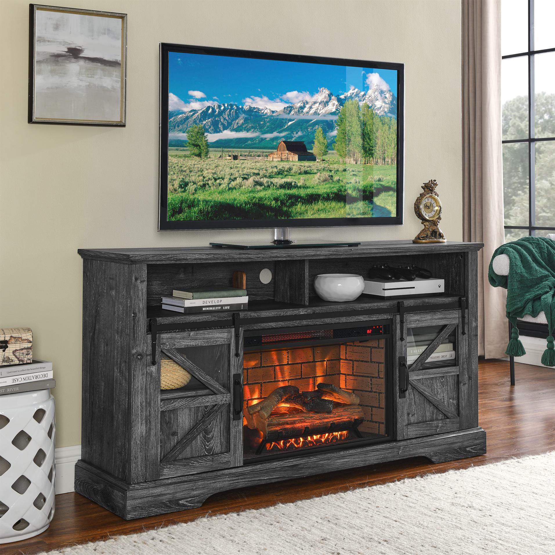 60" Electric Fireplace Entertainment Center with Door Sensor, Adjustable Shelves, Remote Control, 60" L x 16" W x 32" H, Dark Oak