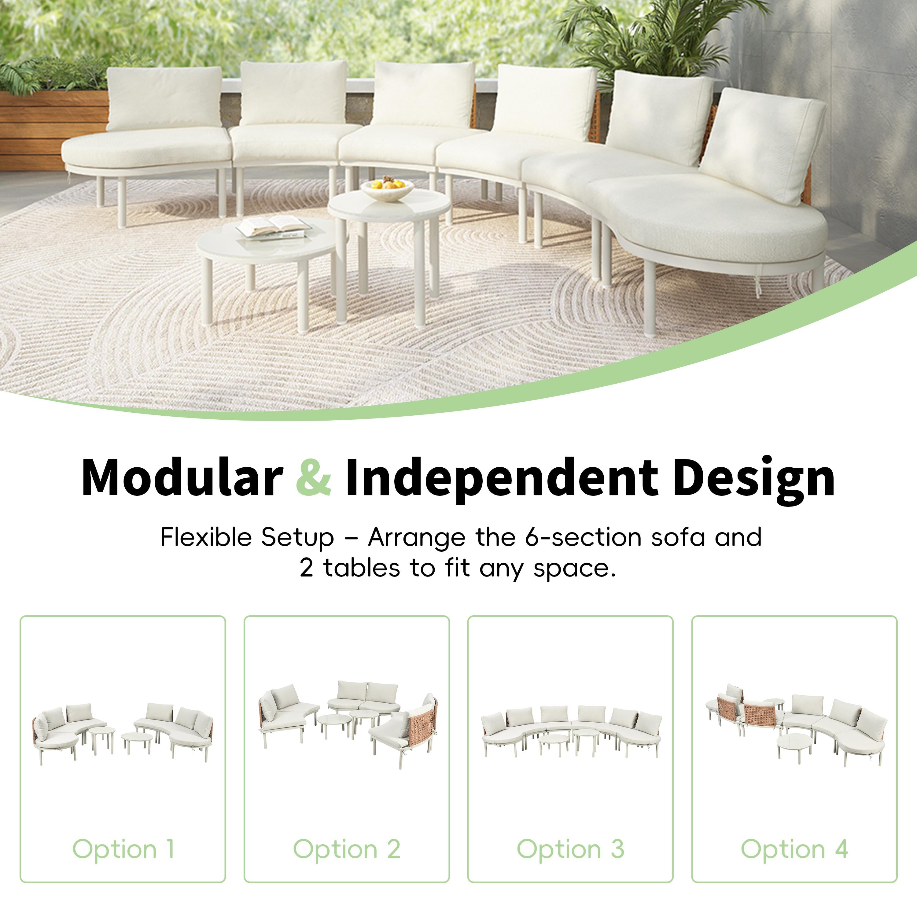 8-Piece Half Moon Patio Sectional with 2 Coffee Table & Cushion, PE Wicker Rattan Sofa Set for Poolside, 34.5'' L x 25.5'' W x 12.5'' H, Beige