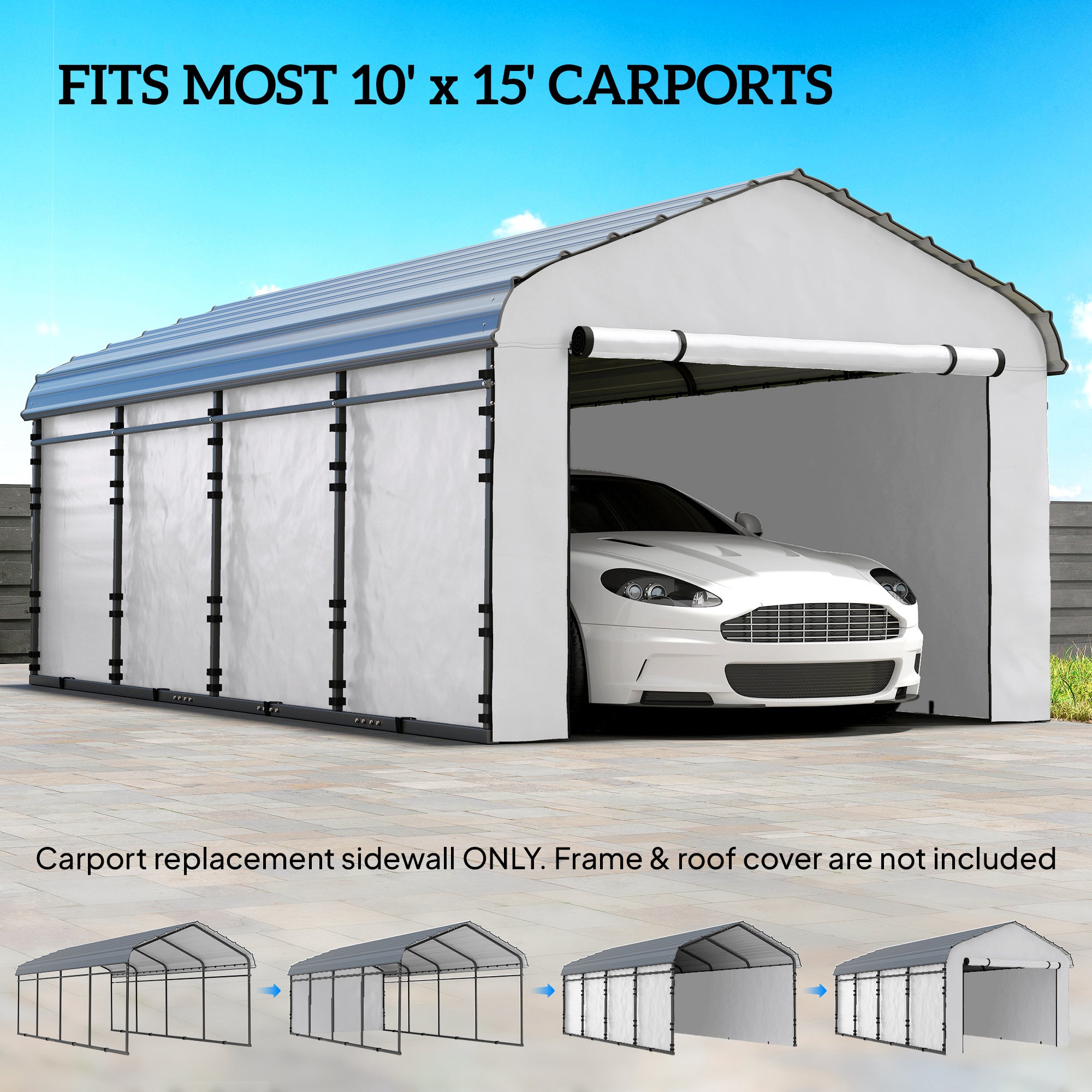 Carport Replacement Sidewall Panel for 10' x 15' Carports, UPF50+ Waterproof Replacement Side Wall Cover, White
