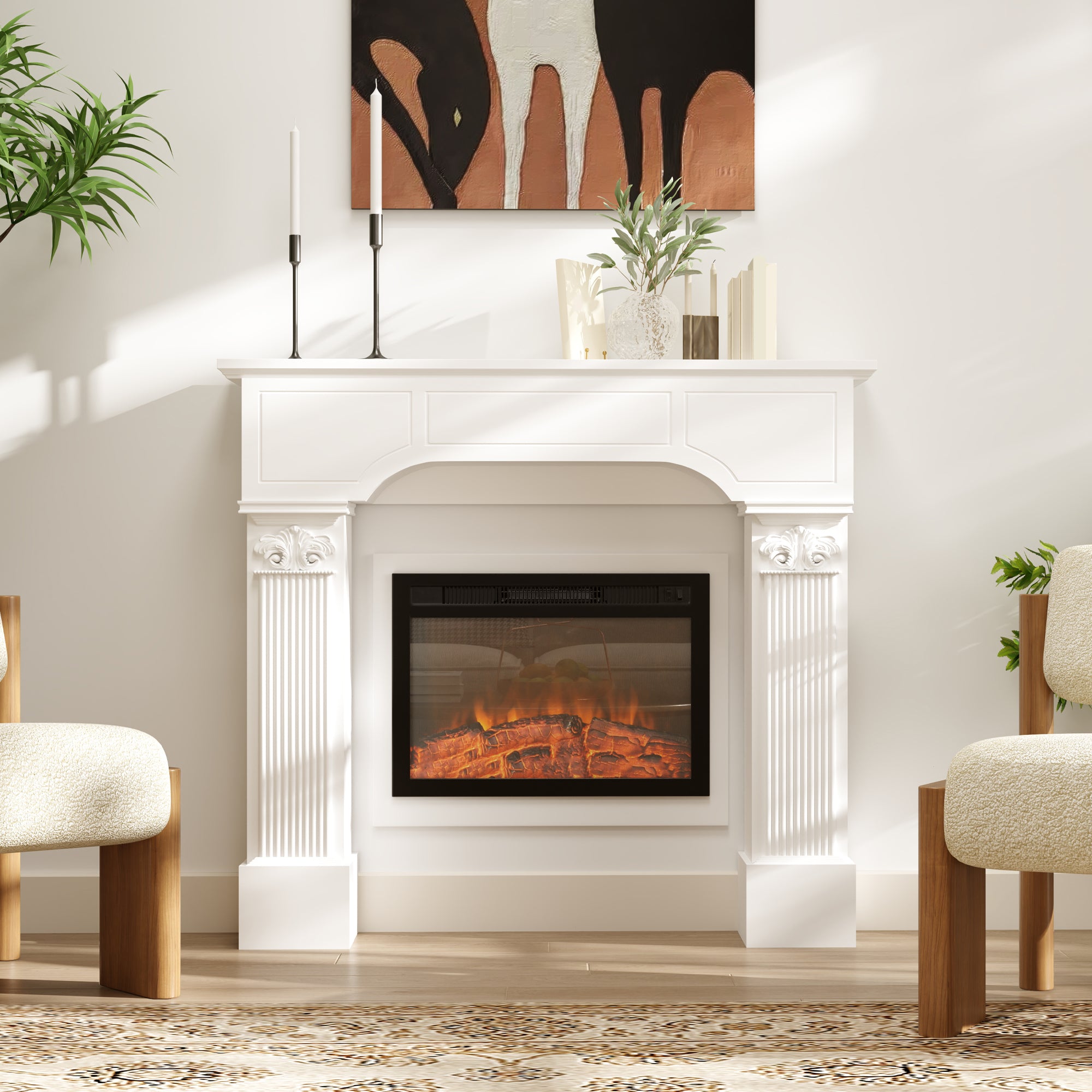 Baroque Fireplace Mantle, Freestanding Fireplace Surround for Electric Fireplaces, 43.3" W x 42.8" H, White