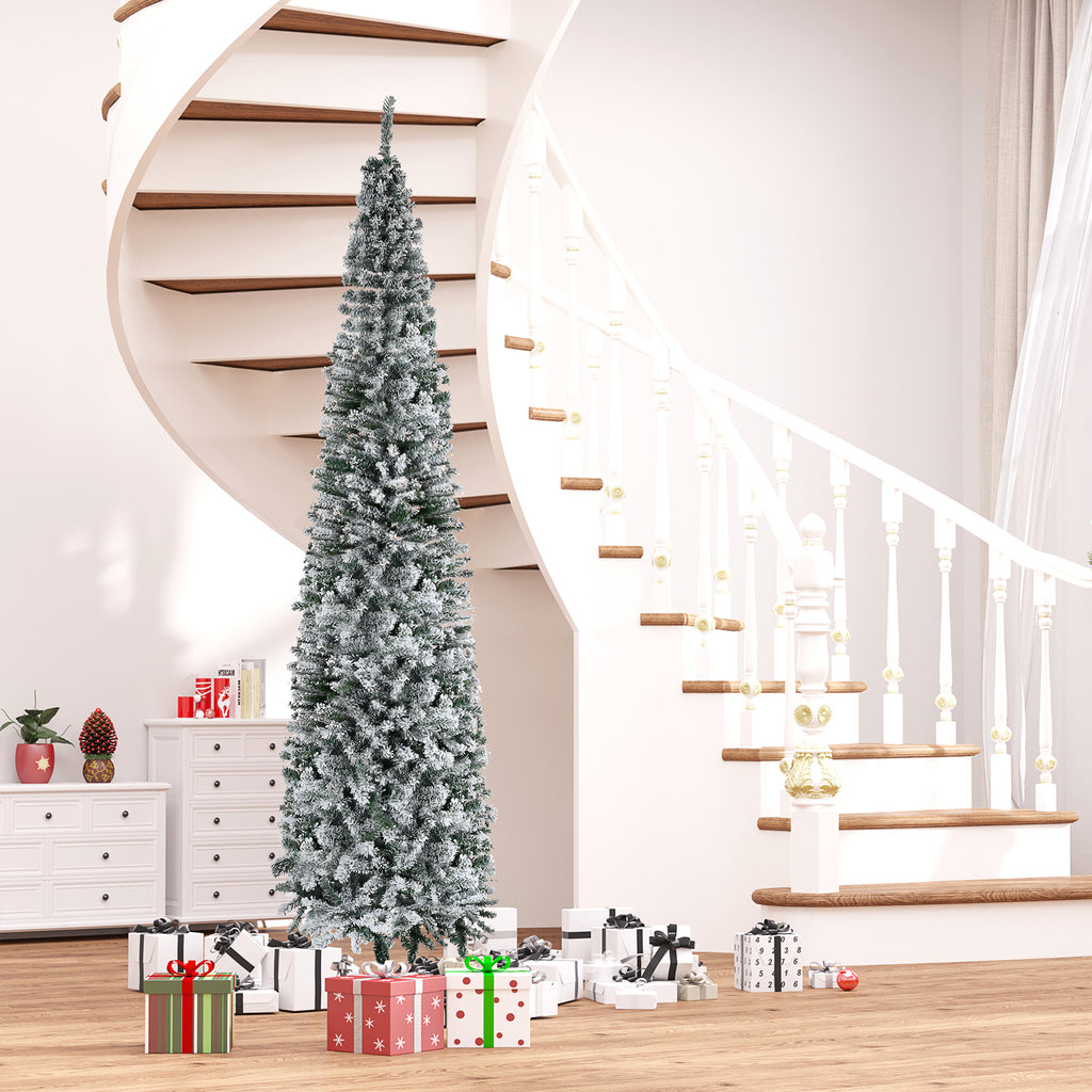 9ft Flocked Christmas Tree, Pencil Artificial Xmas Tree with Faux Snow, Dense Branches, Foldable Metal Base for Indoor Holiday Decor
