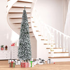 9ft Flocked Christmas Tree, Pencil Artificial Xmas Tree with Faux Snow, Dense Branches, Foldable Metal Base for Indoor Holiday Decor
