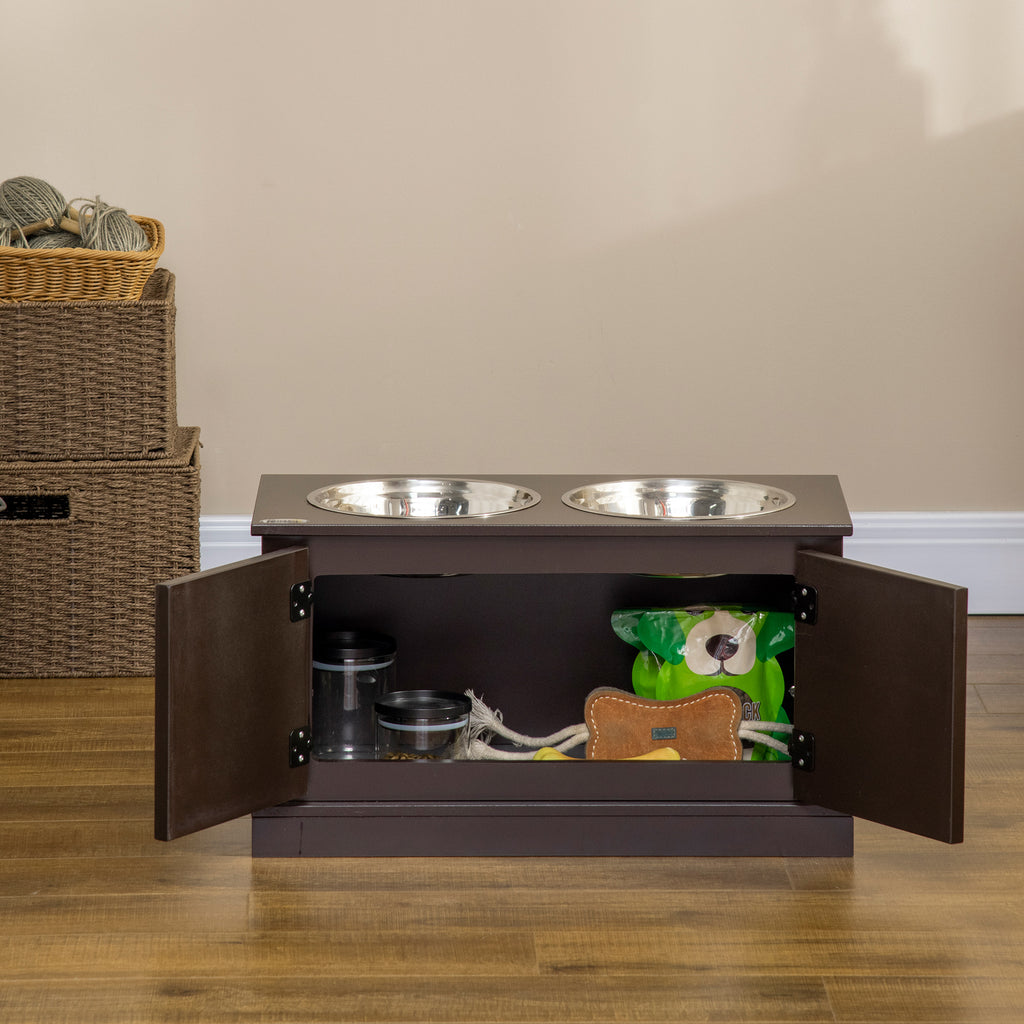 Elevated Dog Bowls with Storage, Two Stainless Steel Bowls for Large Dogs, Coffee