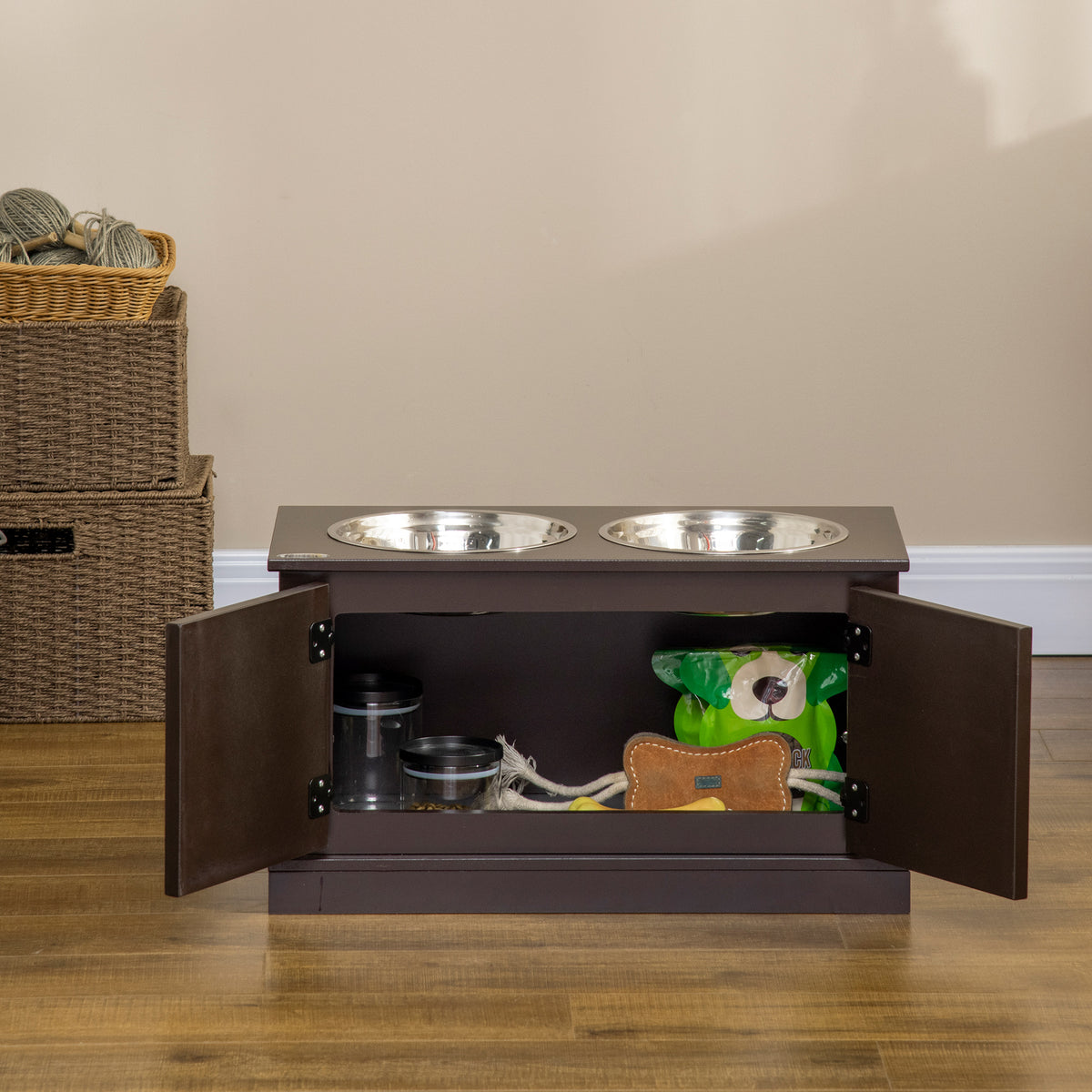 Elevated Dog Bowls with Storage, Two Stainless Steel Bowls for Large Dogs, Coffee