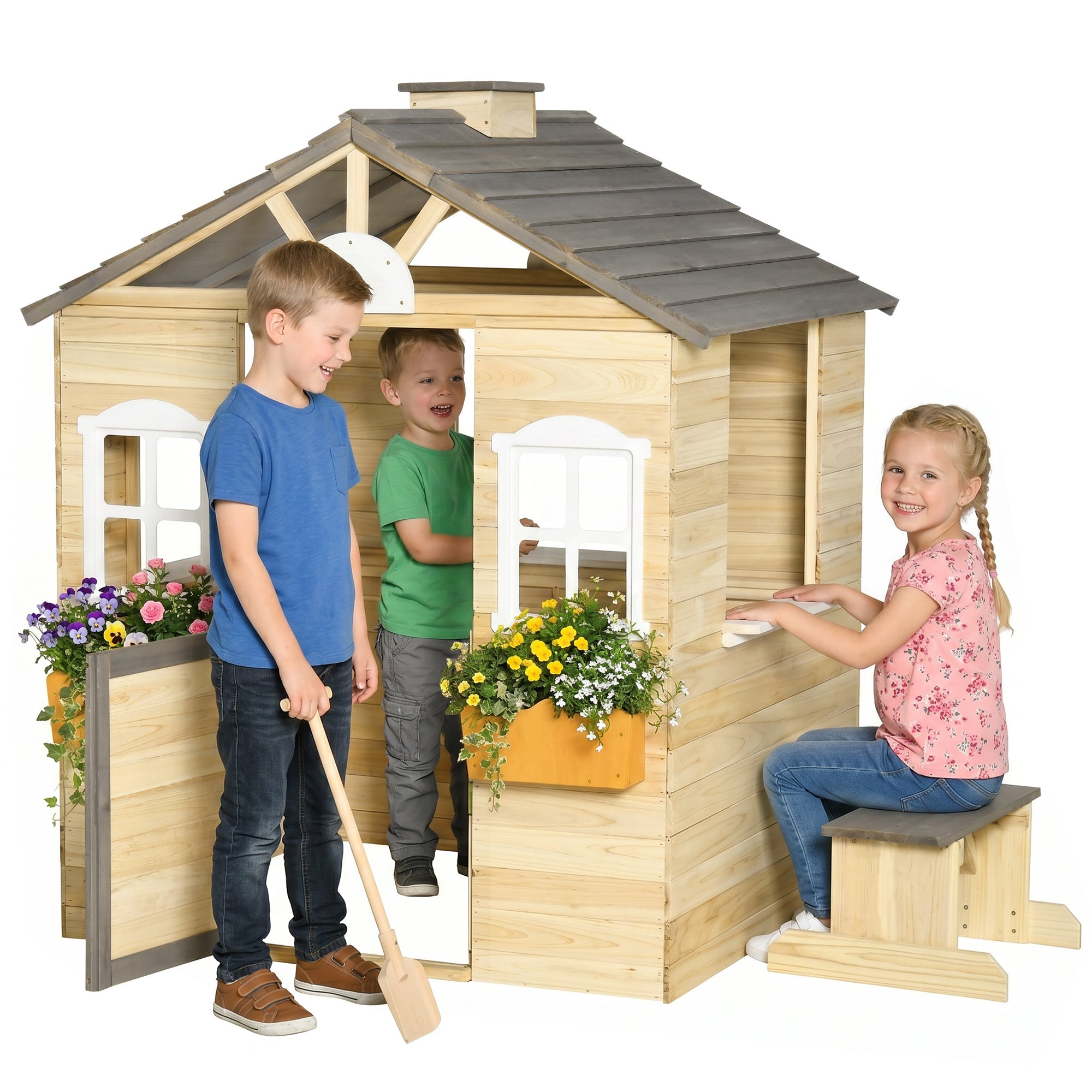 Outdoor Playhouse, Wooden Kids Playhouse with Working Door, Windows, Bench, Service Station, Flower Pot Holder, Cottage Play House for 3-7 Years Old Pretend Play, Natural