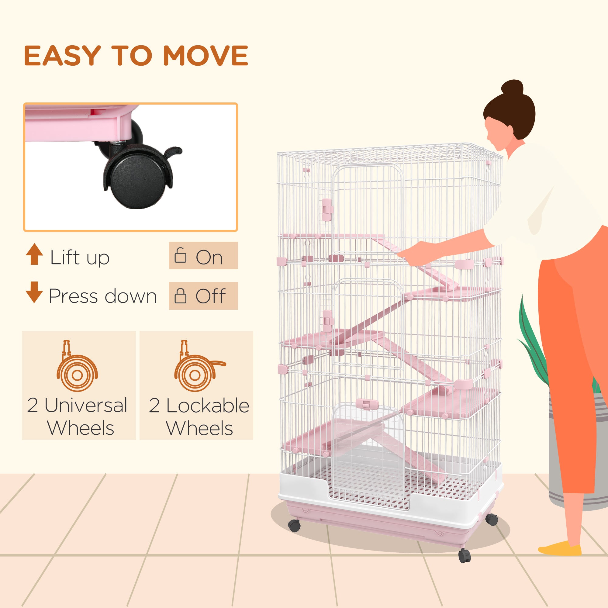 32"L 6-Level Small Animal Cage Rabbit Hutch with Universal Lockable Wheels, Slide-out Tray for Bunny, Chinchillas, Ferret, Pink