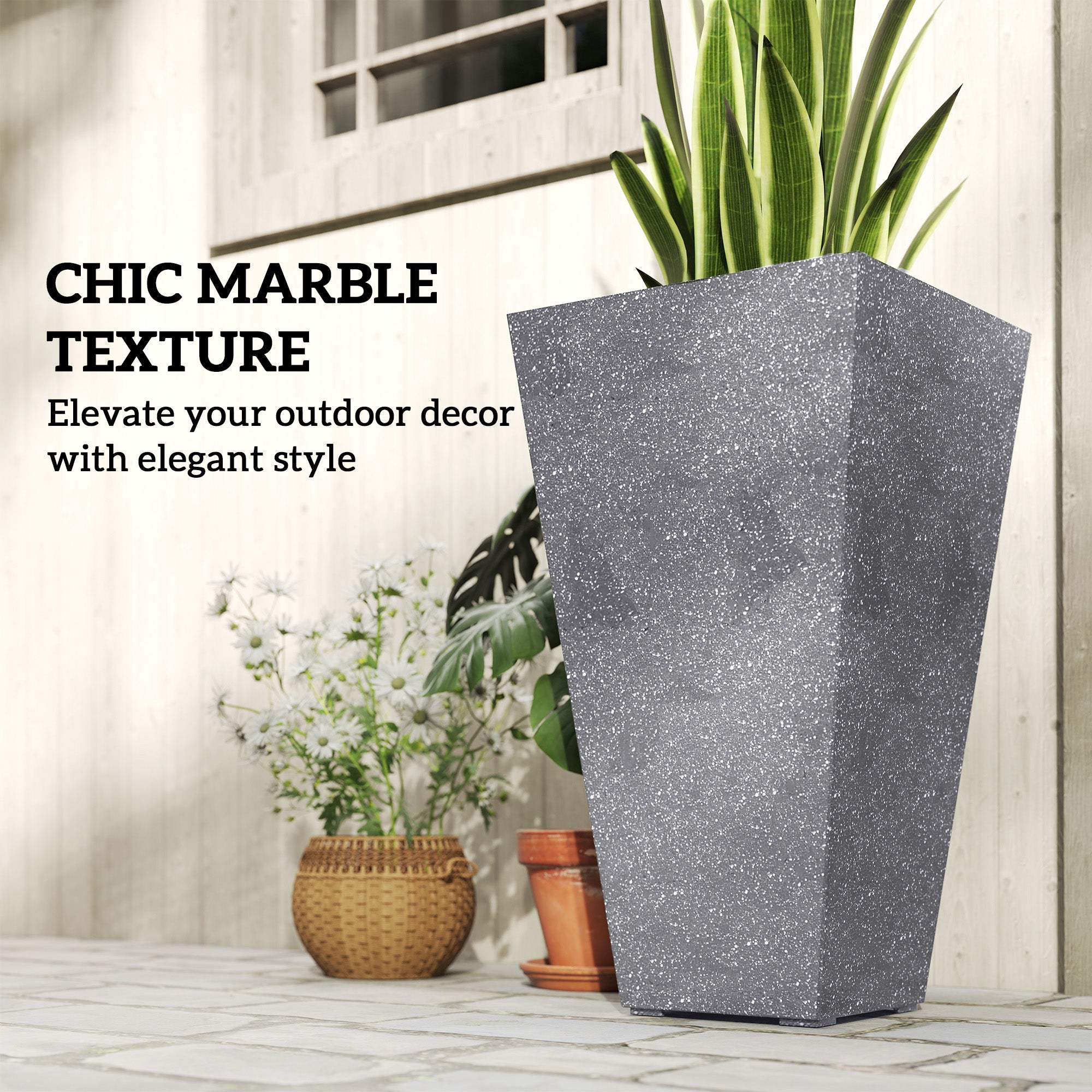 28" Tall Planters, Set of 3 Plastic Flower Pots with Marble Finish and Drainage Holes, Stackable Taper Planters, Gray