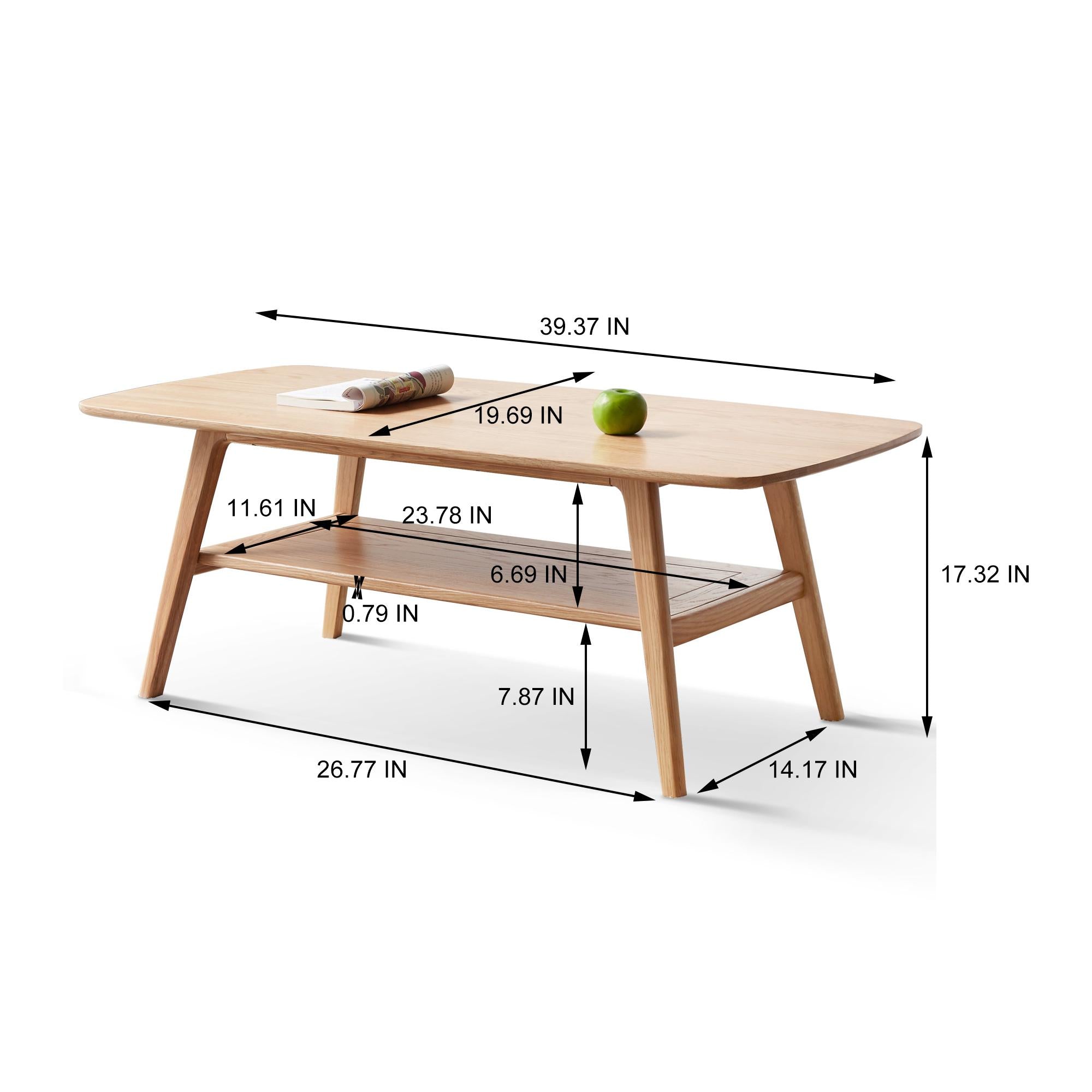 Sturdy Coffee Table with 2-Tier Storage Shelf & Wood‑Grain Top, Safe Center Table with Rounded Corners, 39.5″ L x 19.5″ W x 17.5″ H, Oak