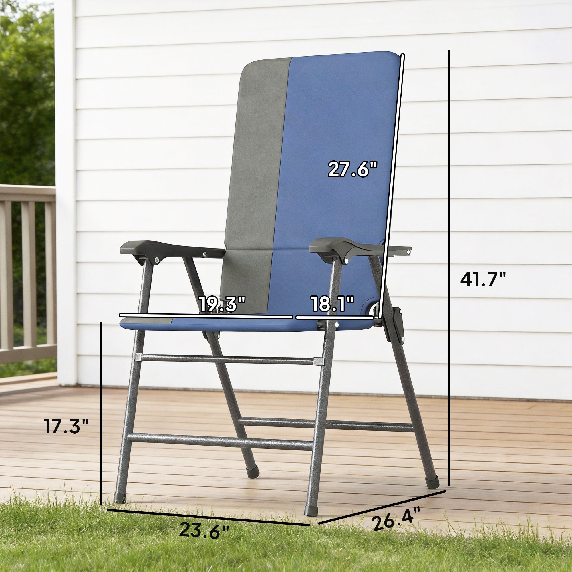 Folding Patio Chairs Set of 2, Padded High Back Lawn Camping Chairs with Armrests, 600D Oxford Fabric, Dark Blue