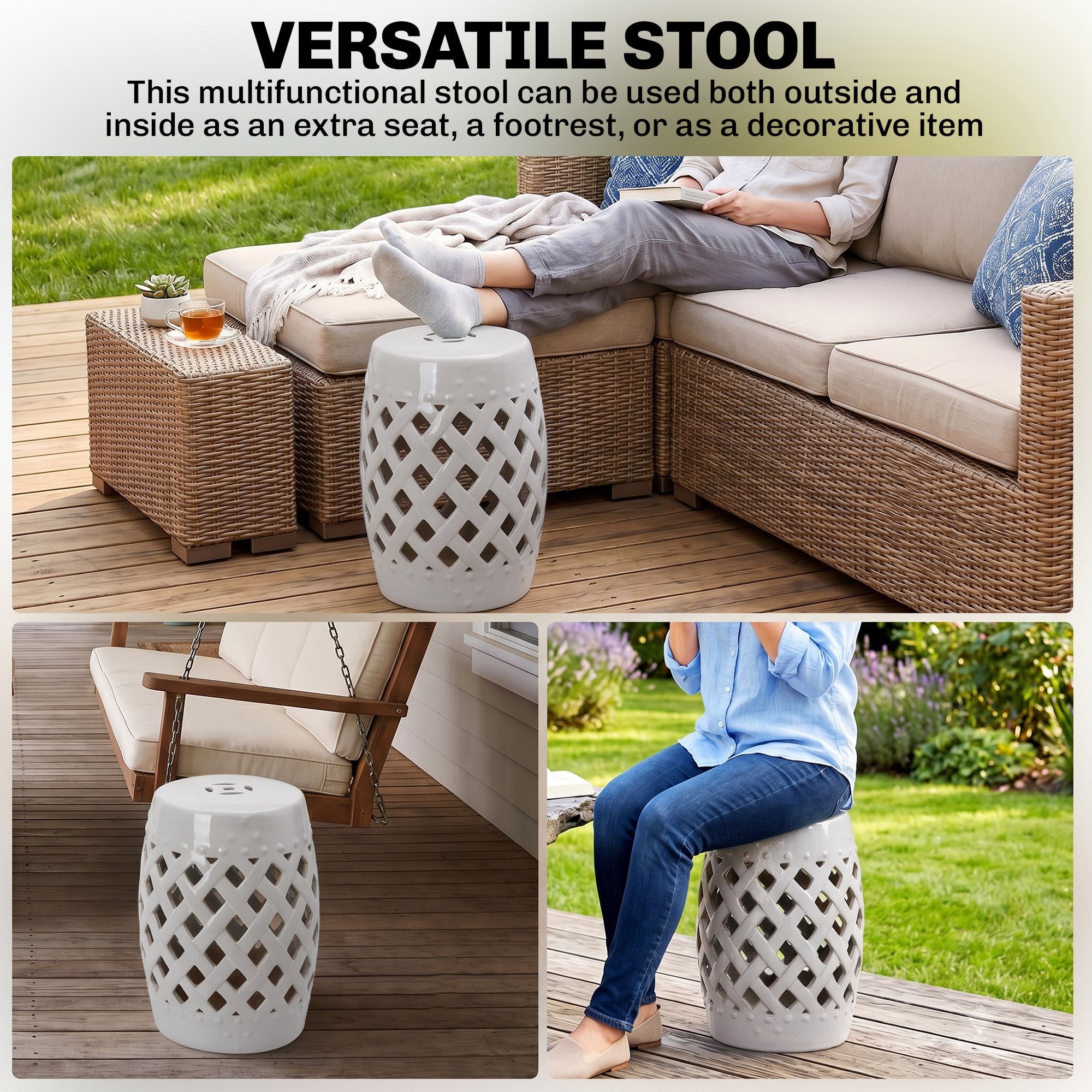 12.5" x 18" Ceramic Garden Stool with Woven Lattice Design & Glazed Strong Materials Decorative Outdoor Stool, White
