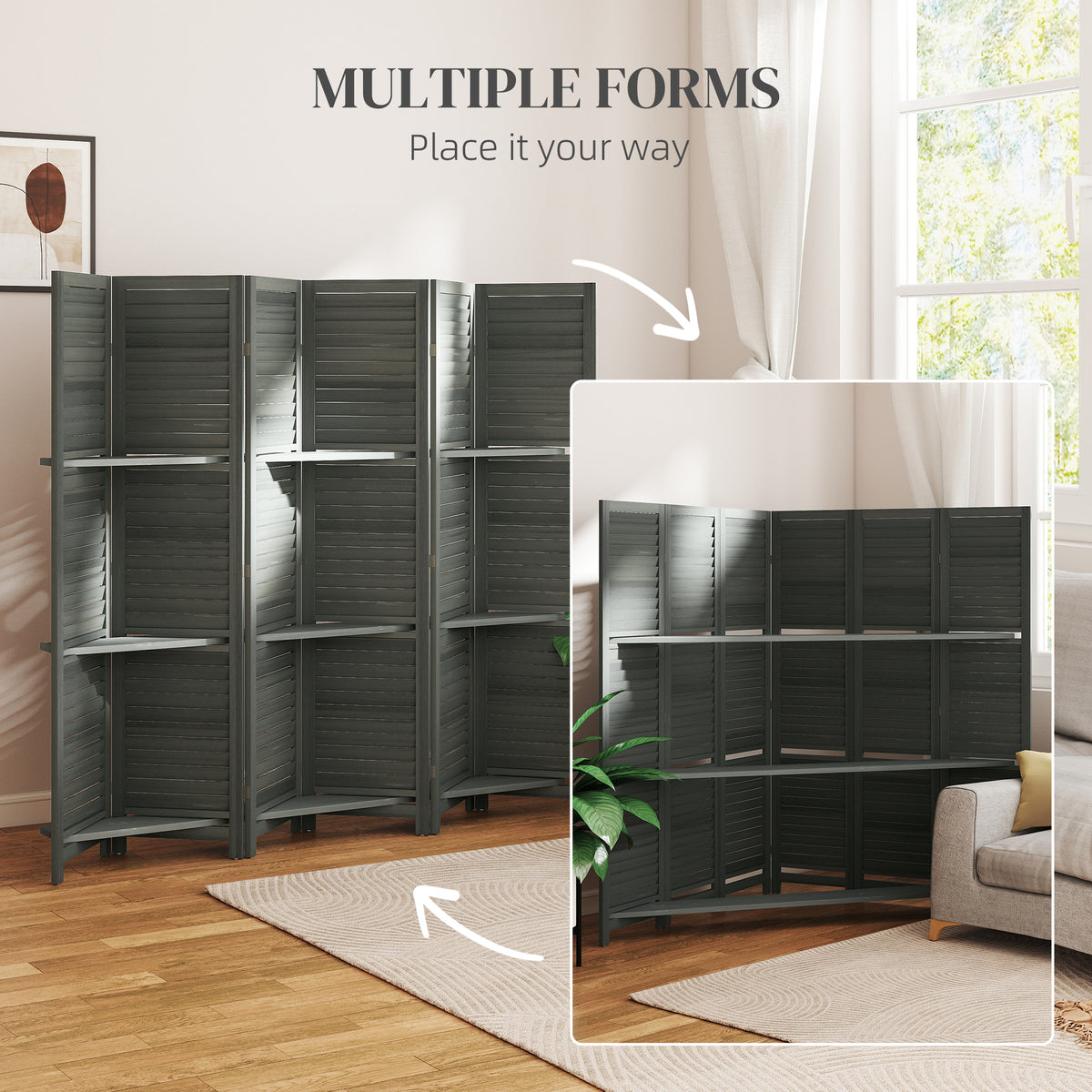 6 Panel 67" Tall Wood Privacy Screen Room Divider with 3 Shelves and Folding Storage for Bedroom, Gray