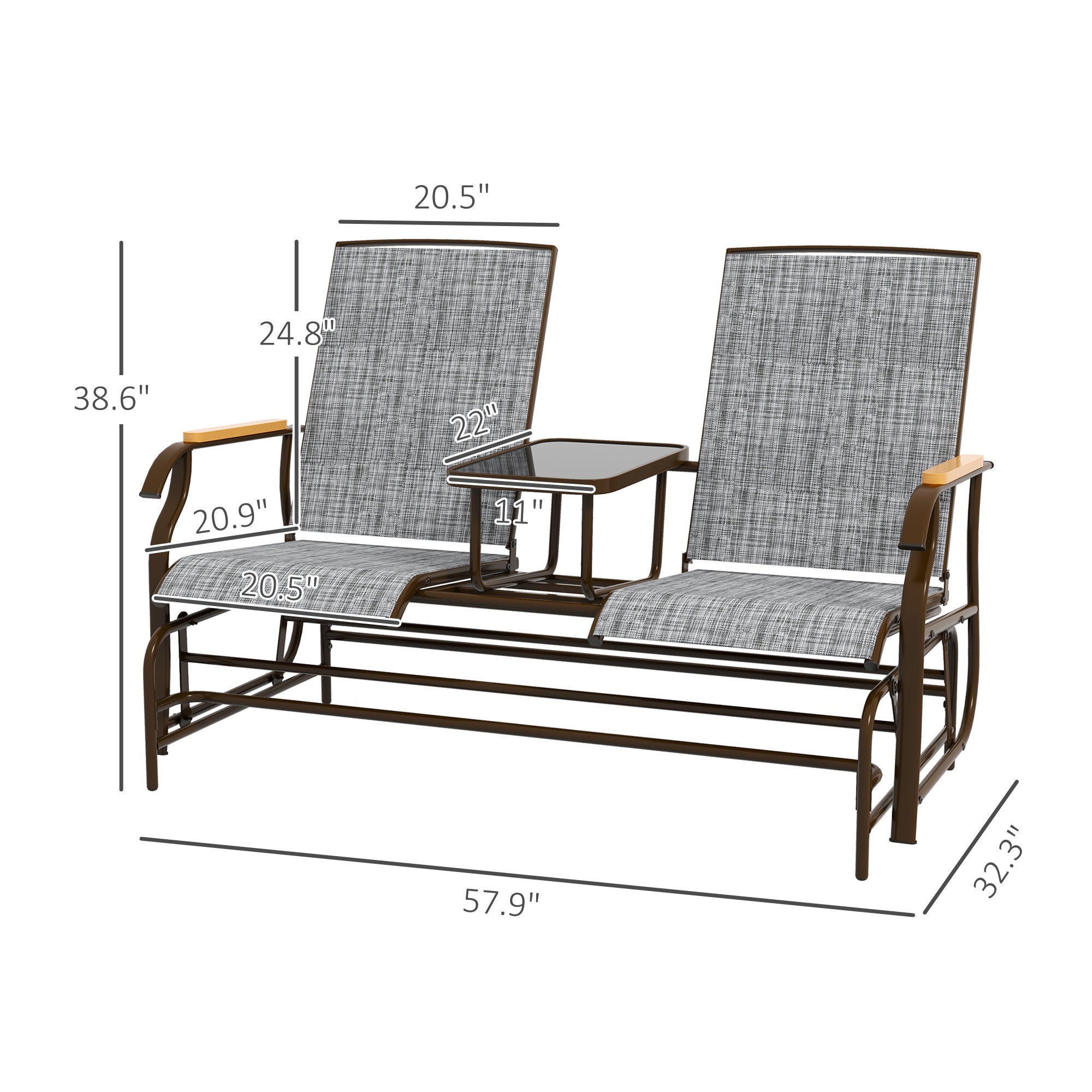 Outdoor 2-Person Glider Bench, Outside Glider Swing Chair Loveseat with Table, Steel Frame, Gray