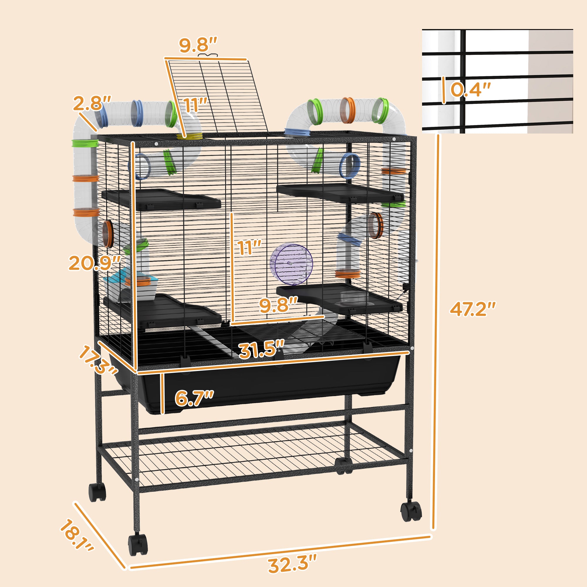 Small Animal Cage for Syrian Hamster, Gerbil Cage with Tubing System, Running Wheel, Ramps, Platforms