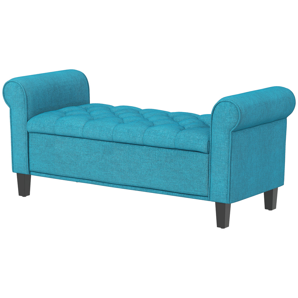 50 Inches Storage Ottoman, End of Bed Bench with Rolled Arms, Wood Legs, Button Tufted Storage Bench, Teal