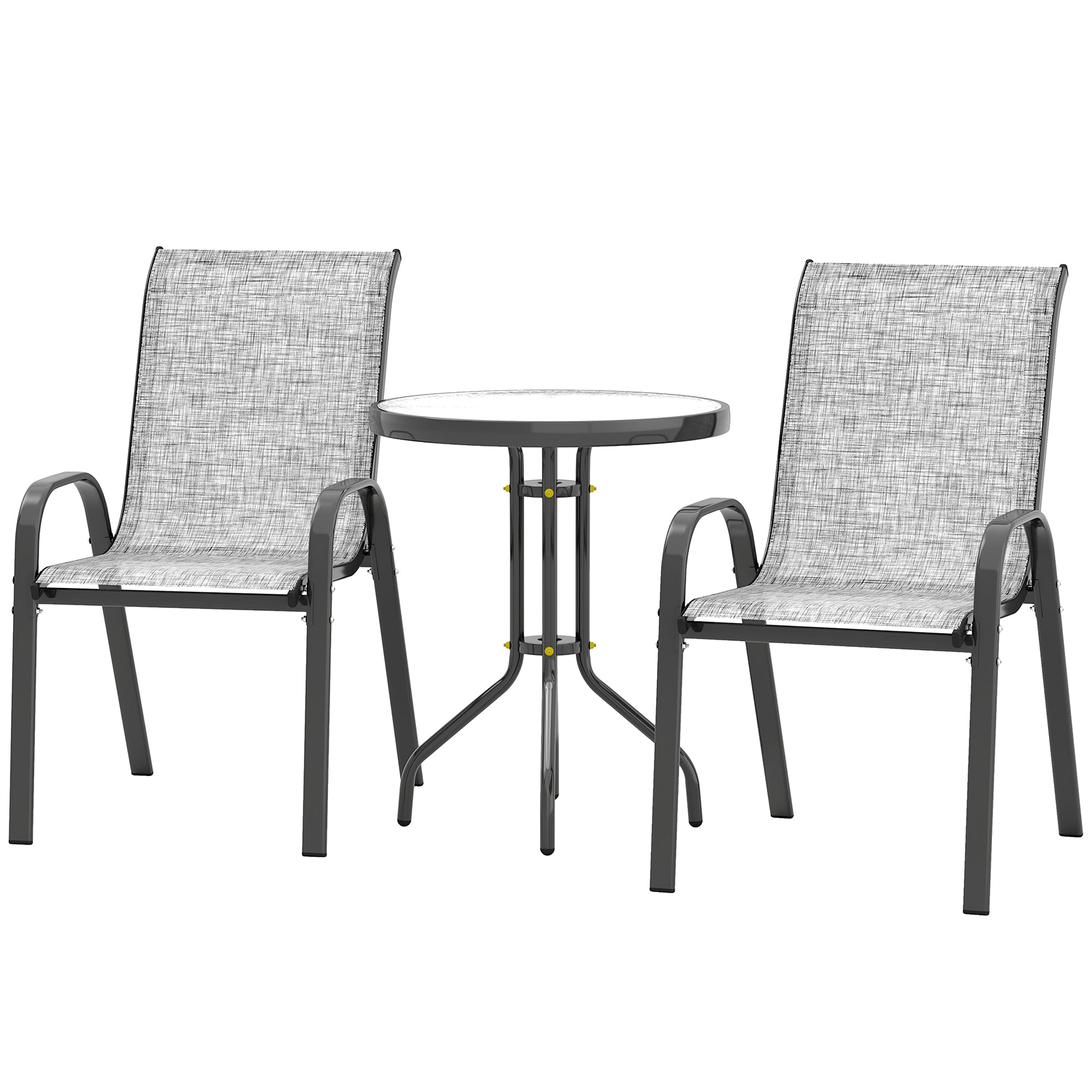 3 Pieces Bistro Set, Small Patio Furniture Set with Stackable Chairs and Glass Table for Backyard, Balcony, Gray