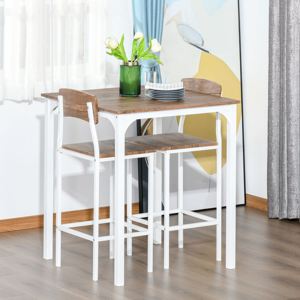 3 Piece Industrial Counter Height Dining Table Set, Bar Table & Chairs with Steel Legs & Footrests, White