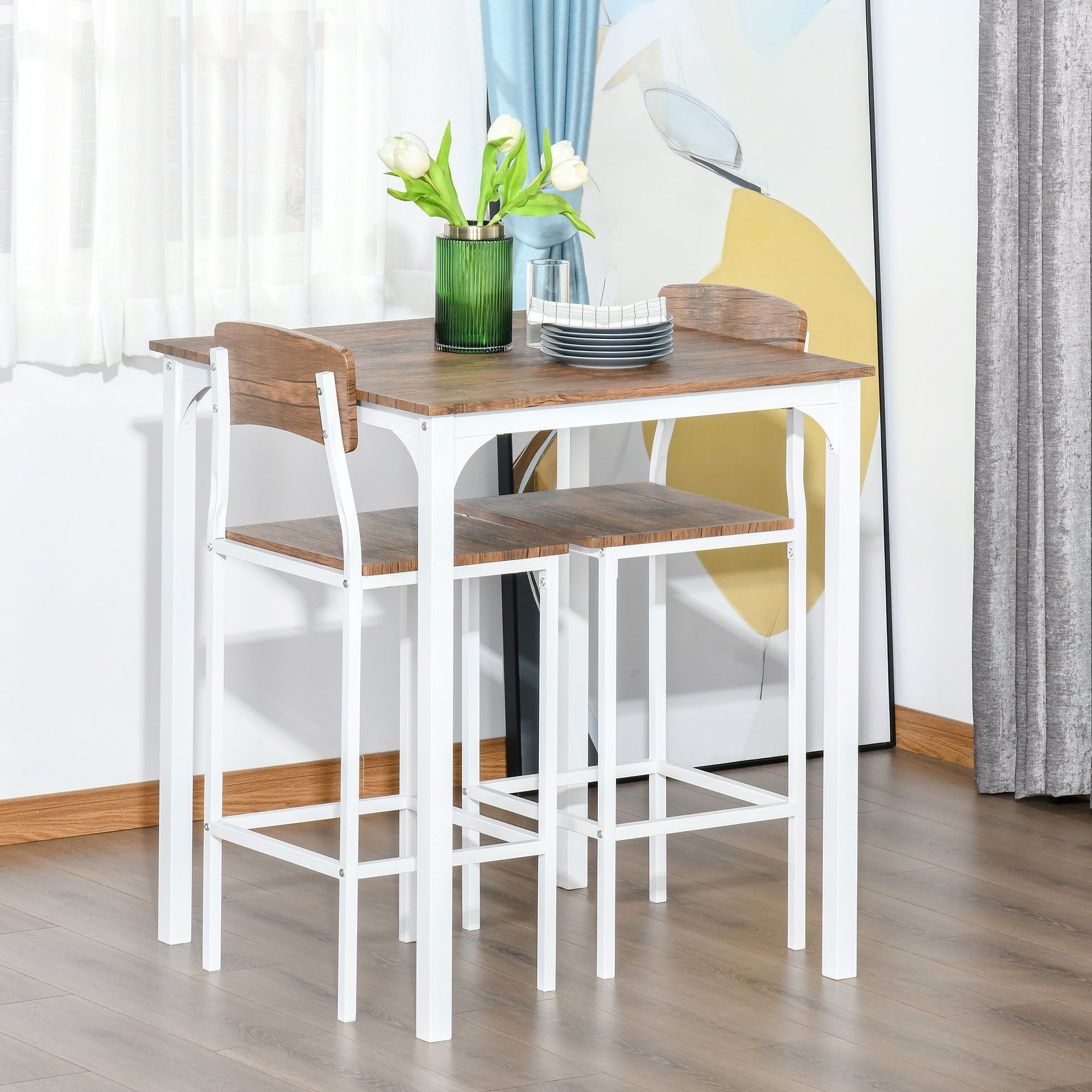 3 Piece Industrial Counter Height Dining Table Set, Bar Table & Chairs with Steel Legs & Footrests, White
