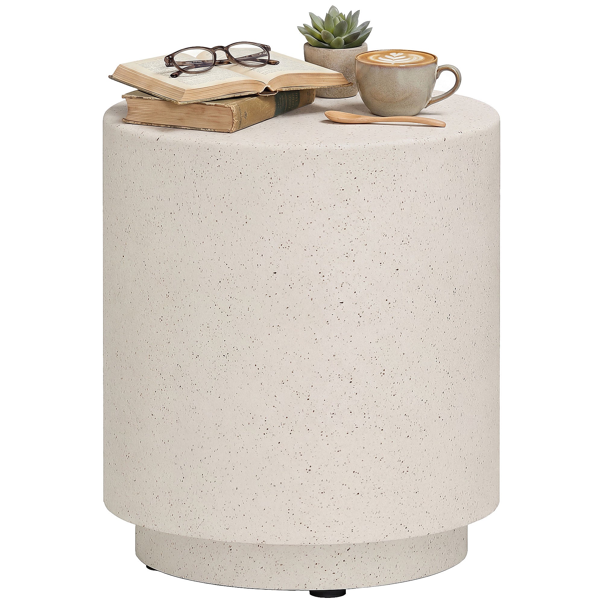 Lightweight Accent Table with Concrete Finish Round Side Table, Cream White