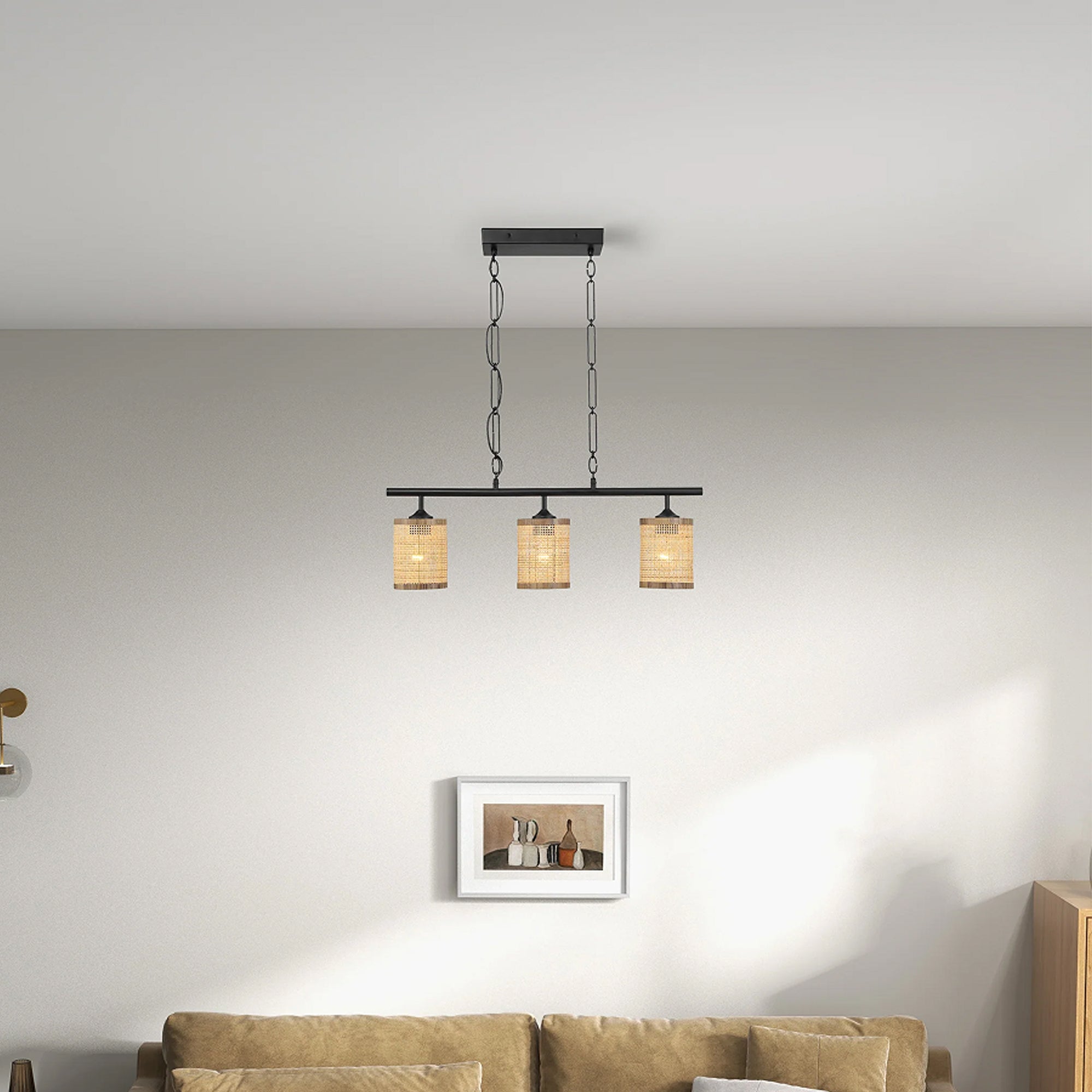 Three-Light Island Ceiling Lamp with Rattan Shade, Farmhouse Chain Design, Ideal for Dining Room, Kitchen, 28" L x 5" W x 10" H, Black