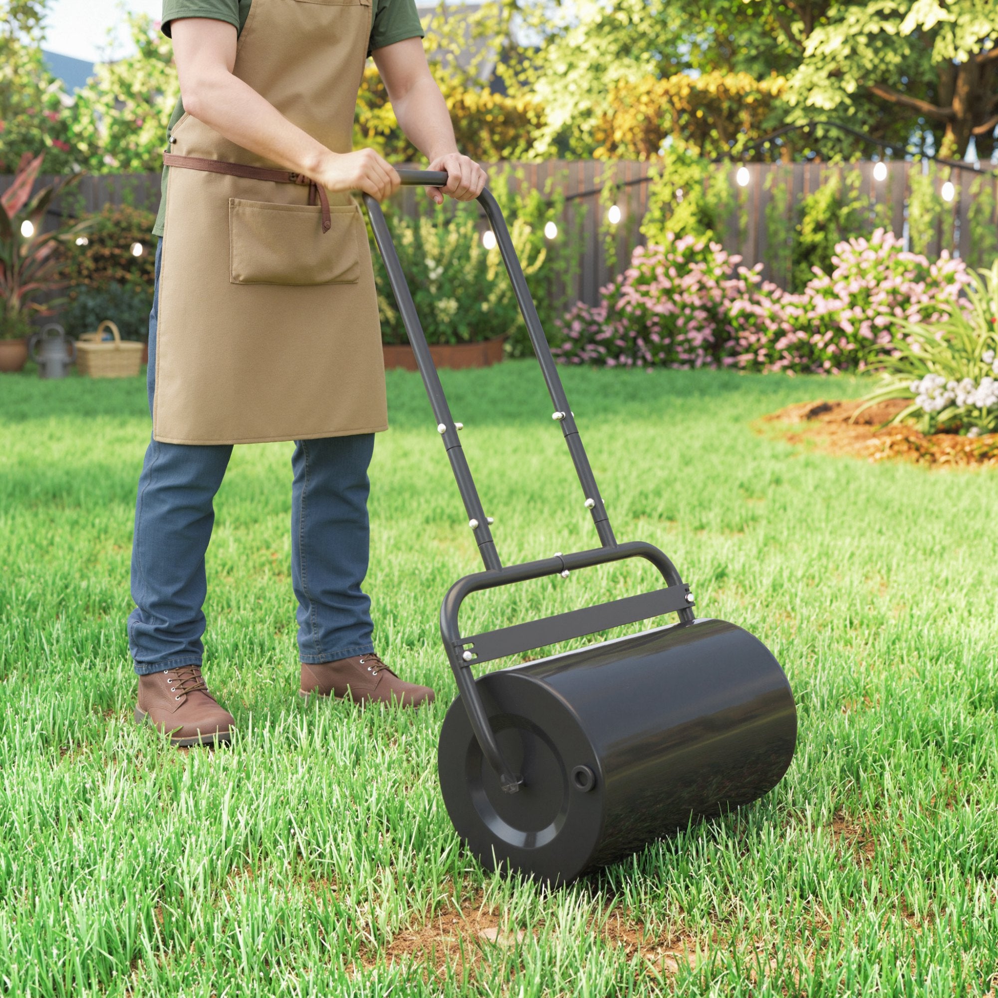 20-Inch Push/Tow Behind Lawn Roller Filled with 10 Gal Water or Sand for Flattening Sod in the Garden, Black